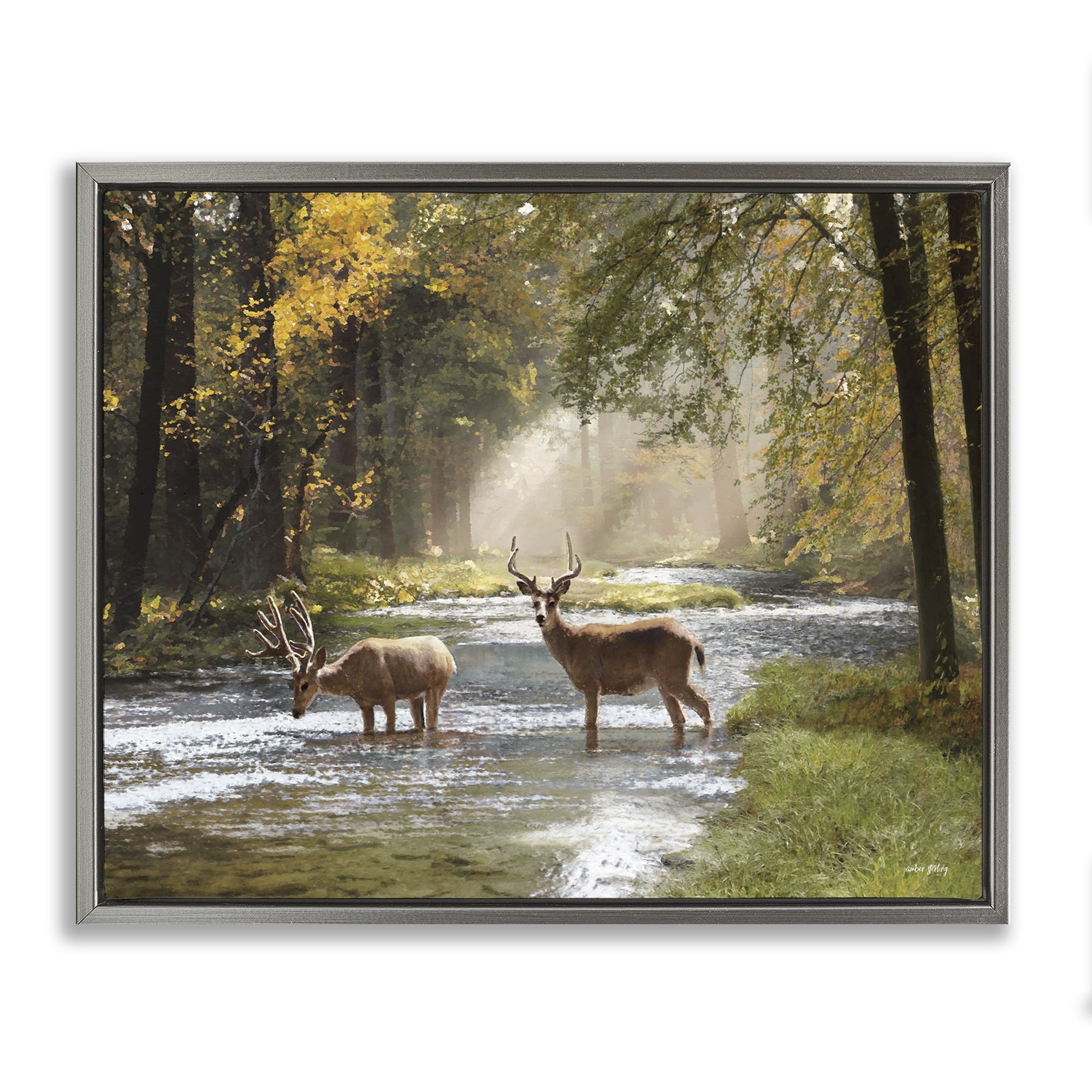 Stupell Industries Deer Grazing in Creek Landscape Painting Gray Floater Framed Art Print Wall Art, 31 x 25