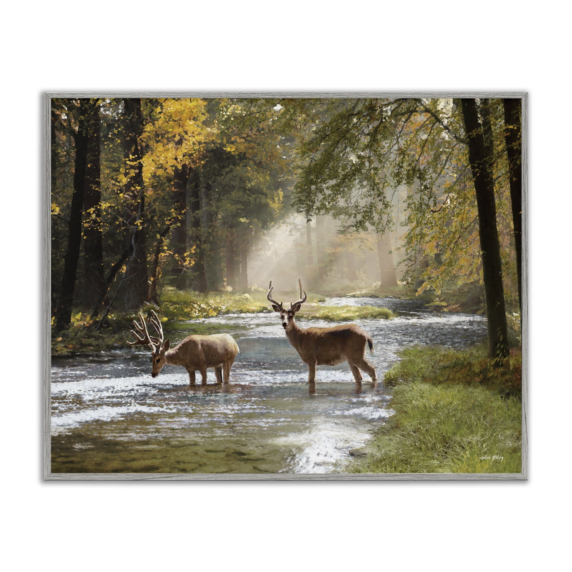 Stupell Industries Deer Grazing in Creek Landscape Painting Gray Framed Art Print Wall Art, 20 x 16