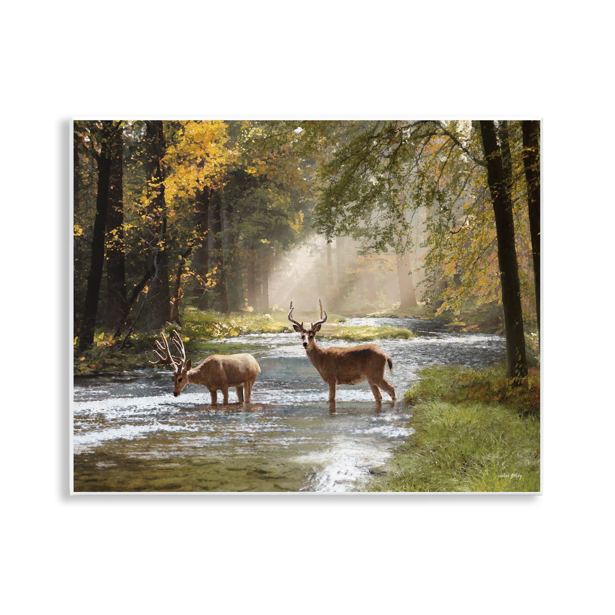 Stupell Industries Deer Grazing in Creek Landscape Painting Unframed Art Print Wall Art, 14 x 11