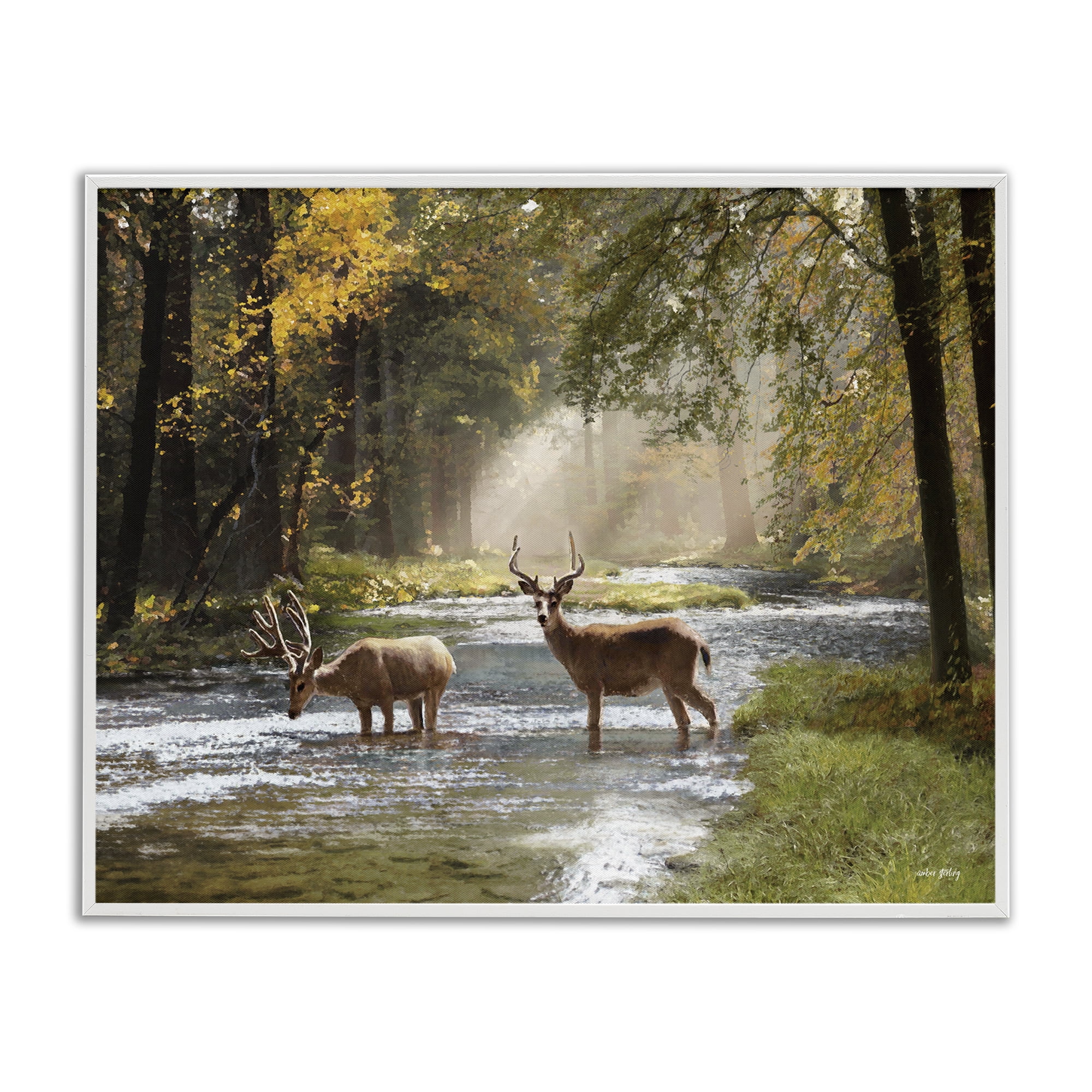 Stupell Industries Deer Grazing in Creek Landscape Painting White Framed Art Print Wall Art, 30 x 24