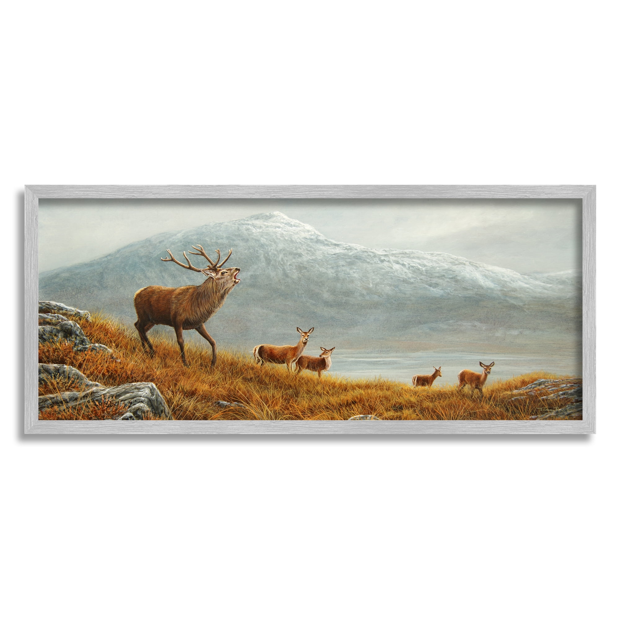 Stupell Industries Deer Herd Mountain Landscape Animals & Insects Painting Gray Framed Art Print Wall Art