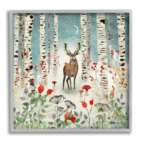 Stupell Industries Deer In Nighttime Birch Forest Holiday Painting Gray Framed Art Print Wall Art