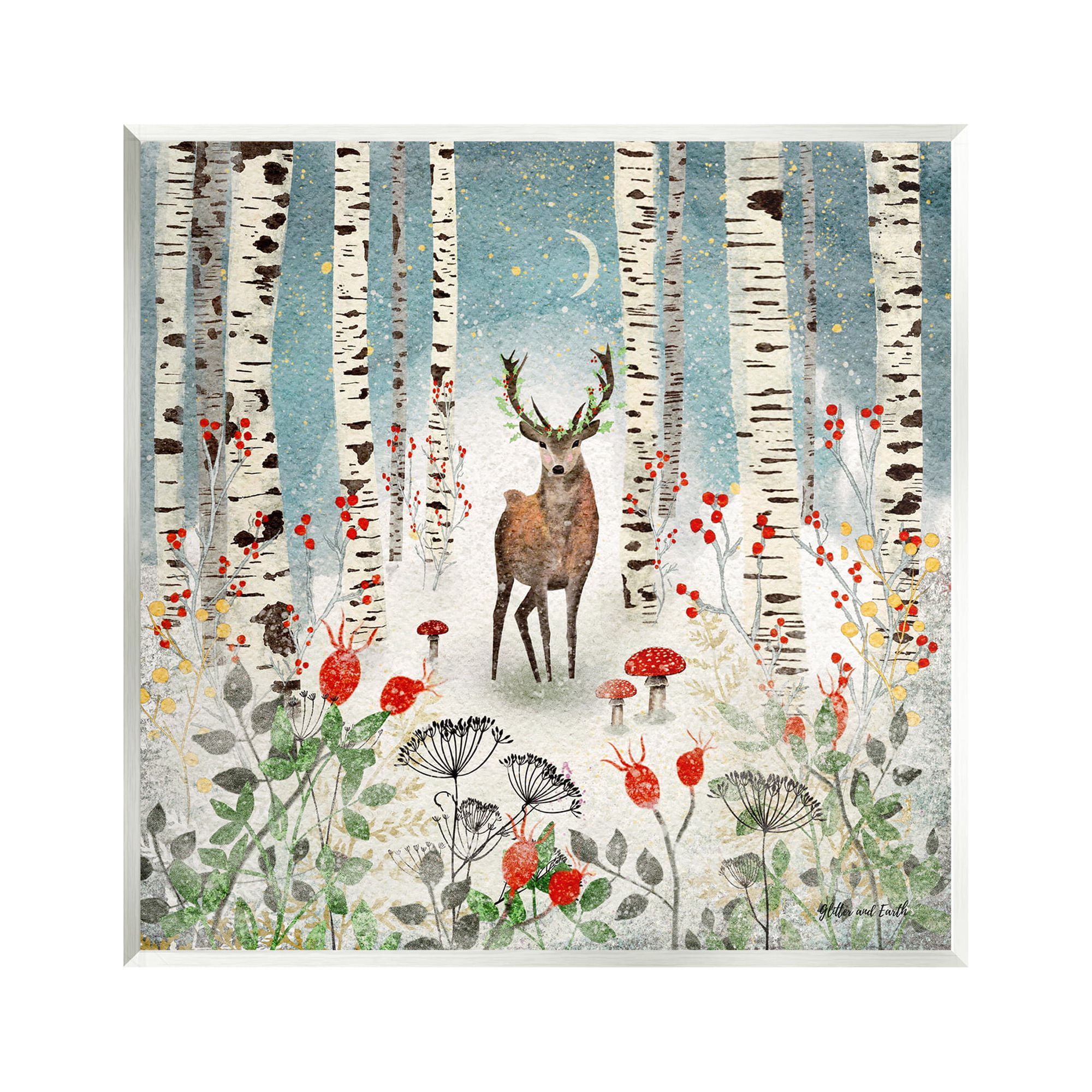 Stupell Industries Deer In Nighttime Birch Forest Holiday Painting Unframed Art Print Wall Art