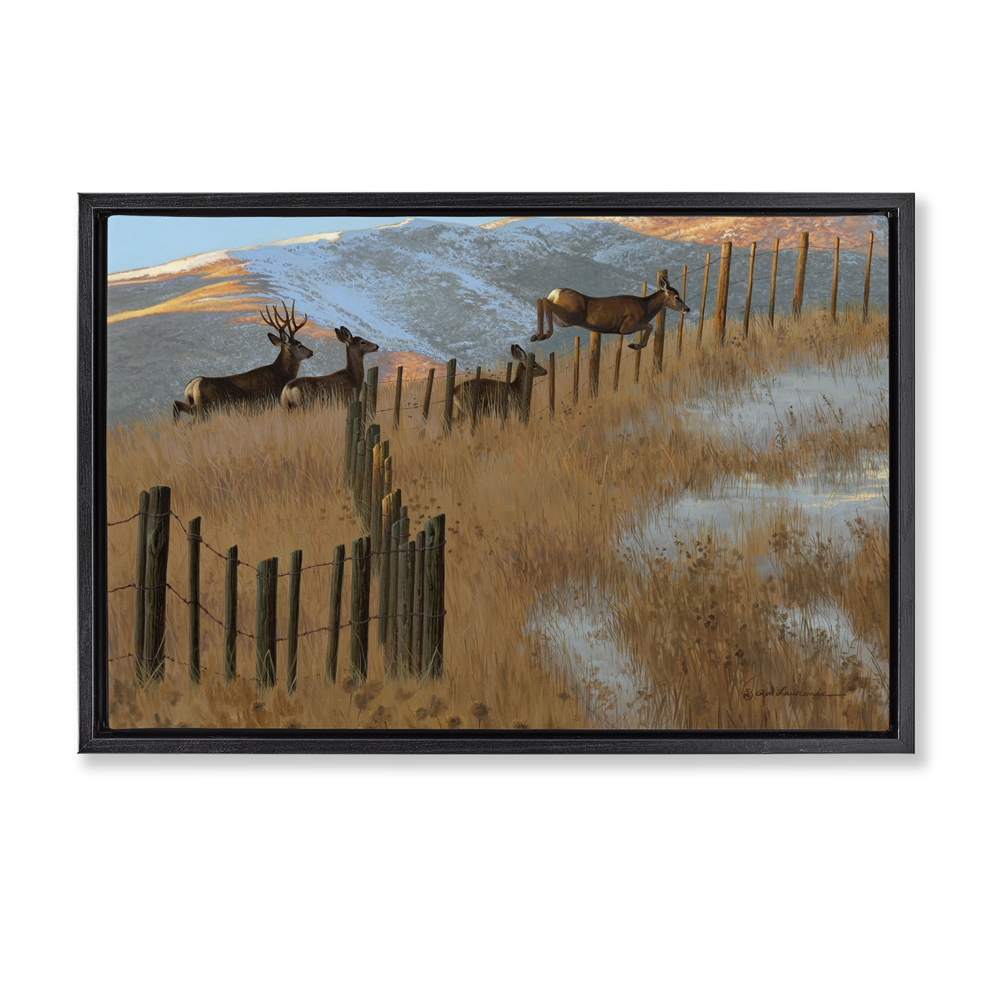 Stupell Industries Deer Jumping Country Fence Landscape & Nature Painting Black Floater Framed Canvas Art Print Wall Art, 31 x 21