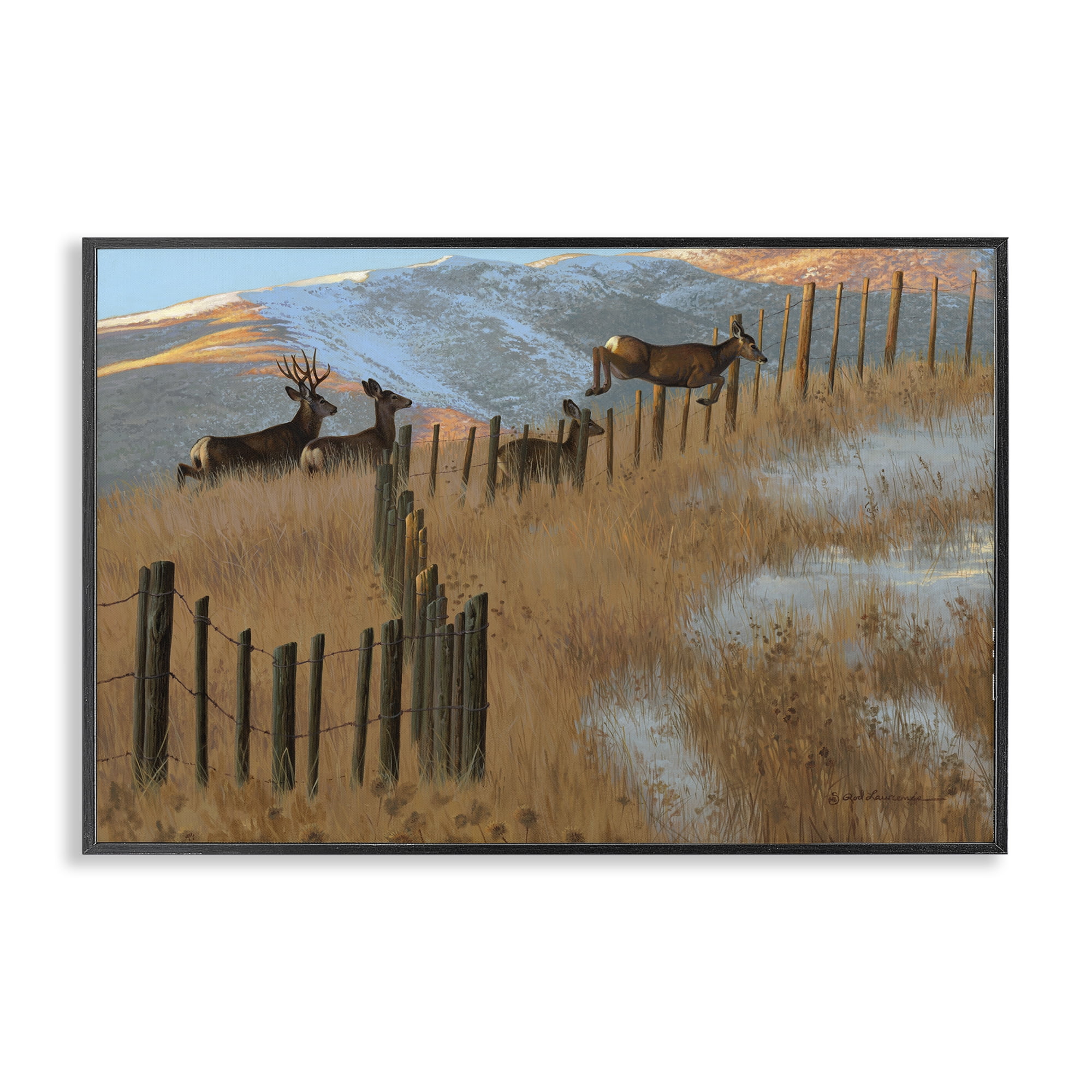 Stupell Industries Deer Jumping Country Fence Landscape & Nature Painting Black Framed Art Print Wall Art, 30 x 20