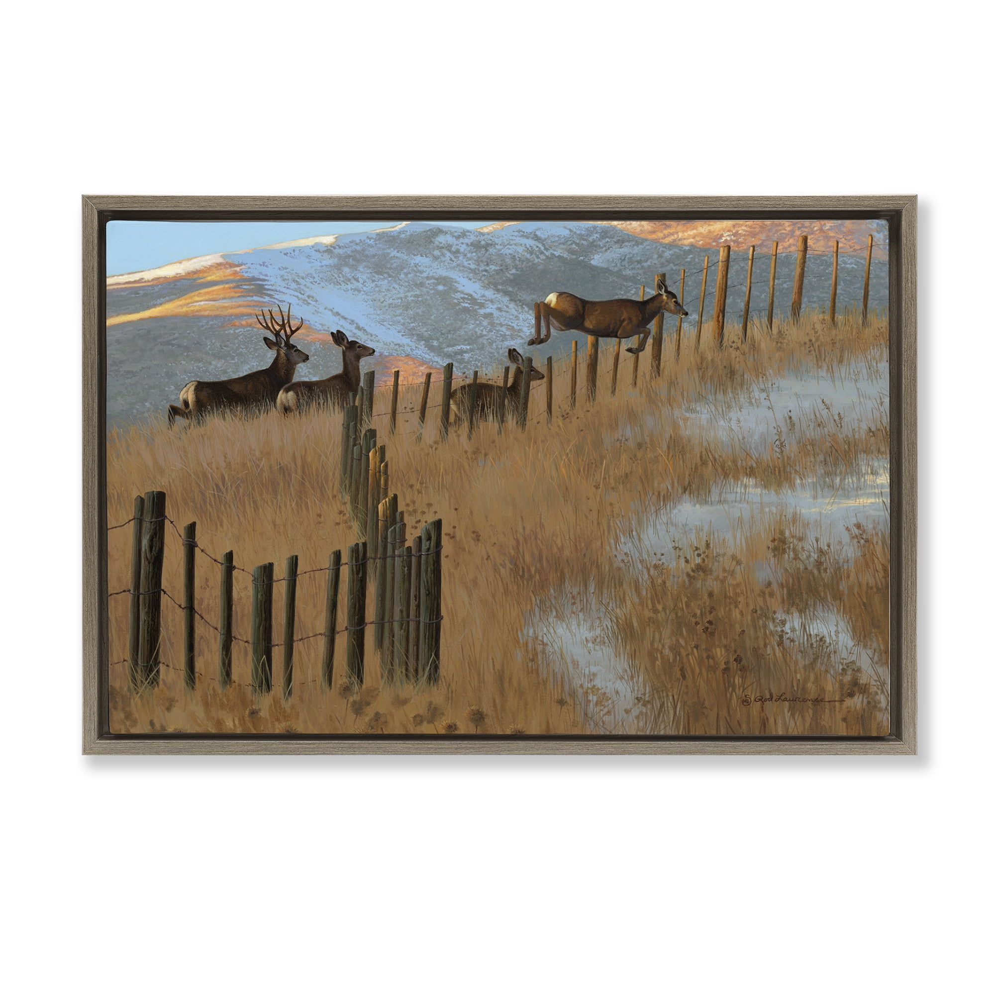 Stupell Industries Deer Jumping Country Fence Landscape & Nature Painting Brown Floater Framed Canvas Art Print Wall Art, 25 x 17