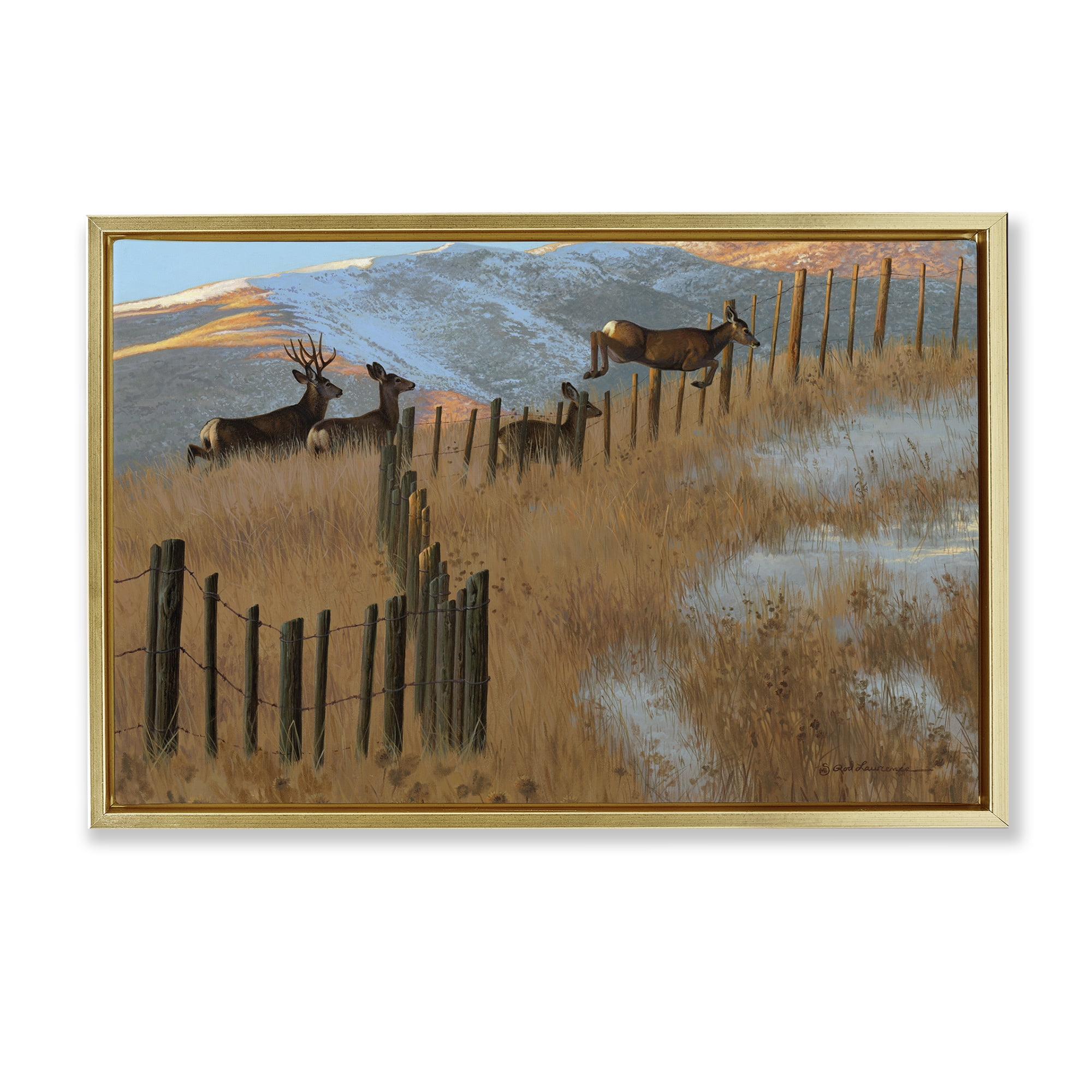 Stupell Industries Deer Jumping Country Fence Landscape & Nature Painting Gold Floater Framed Canvas Art Print Wall Art, 25 x 17