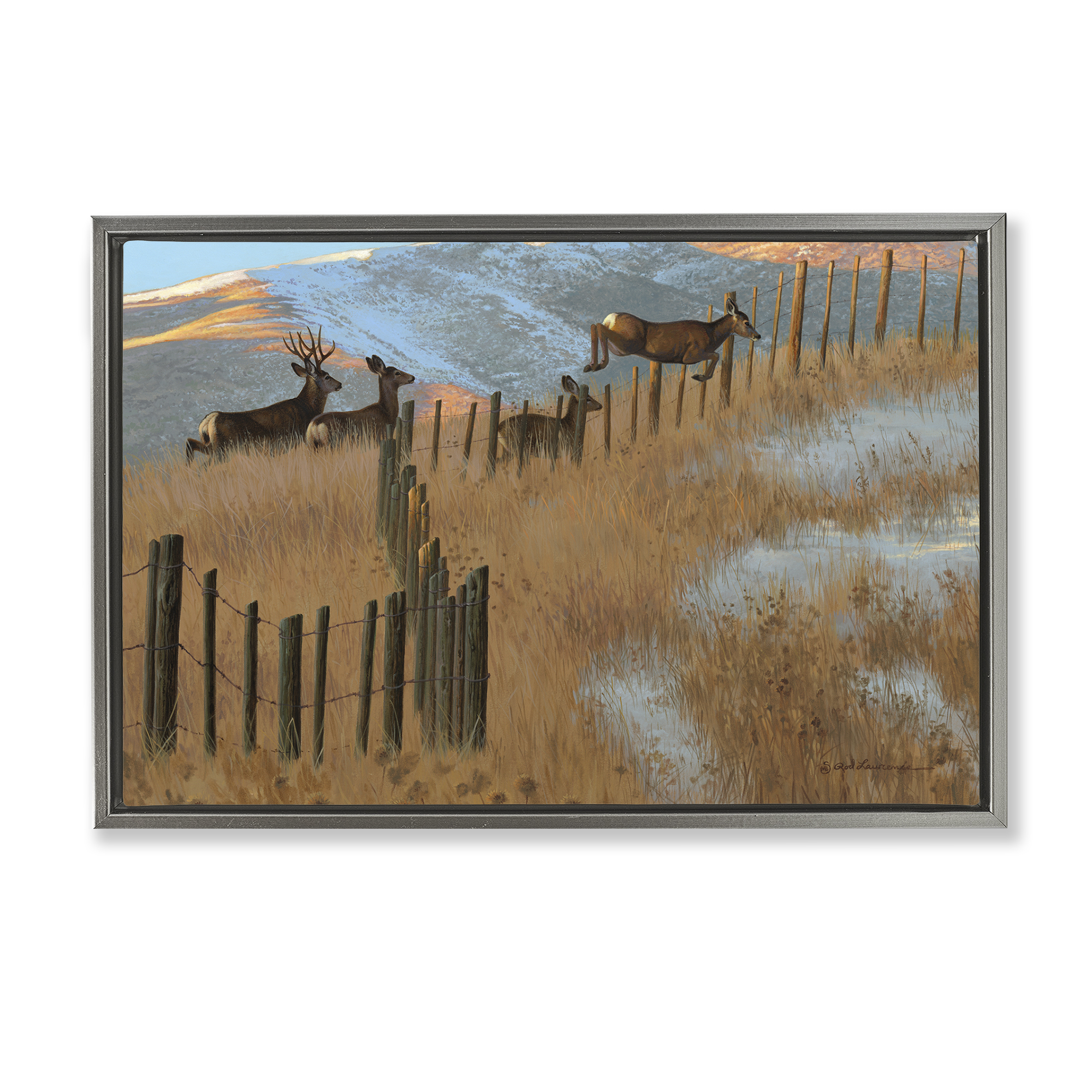 Stupell Industries Deer Jumping Country Fence Landscape & Nature Painting Gray Floater Framed Canvas Art Print Wall Art, 25 x 17