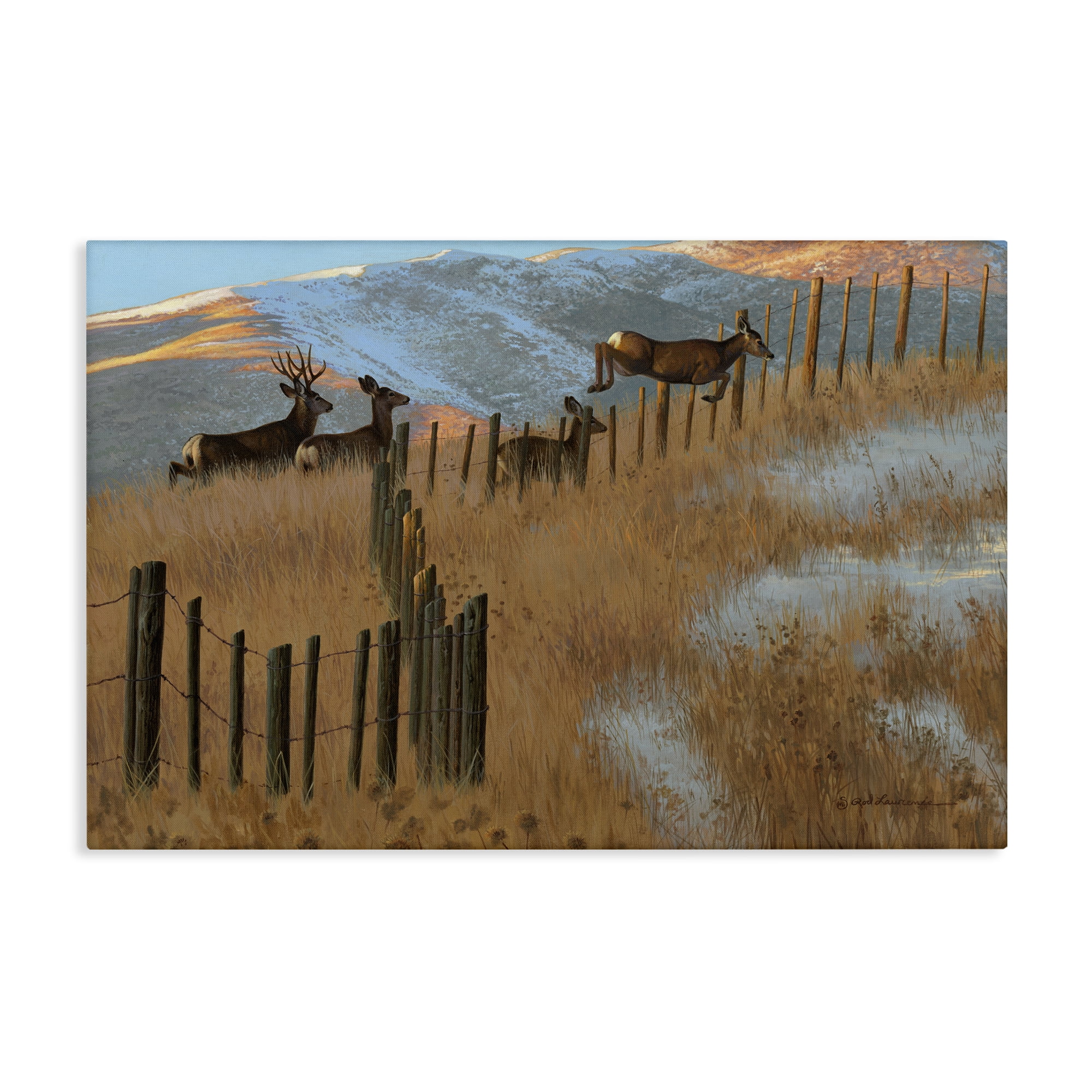 Stupell Industries Deer Jumping Country Fence Landscape & Nature Painting Wrapped Canvas Art Print Wall Art, 36 x 24