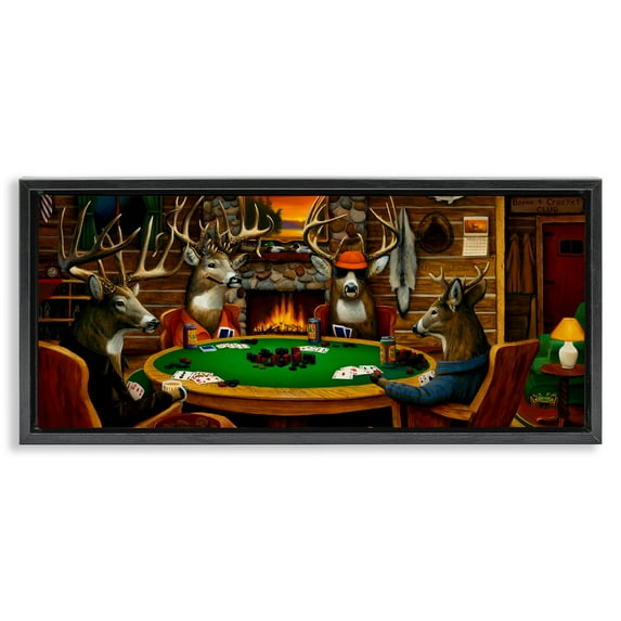 Stupell Industries Deer Playing Poker in Lodge Animals & Insects Painting Black Floater Framed Canvas Art Print Wall Art, 25 x 11