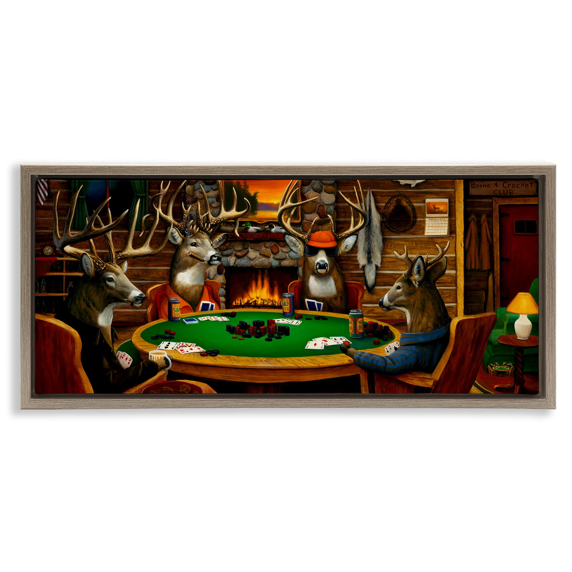 Stupell Industries Deer Playing Poker in Lodge Animals & Insects Painting Brown Floater Framed Canvas Art Print Wall Art, 31 x 14