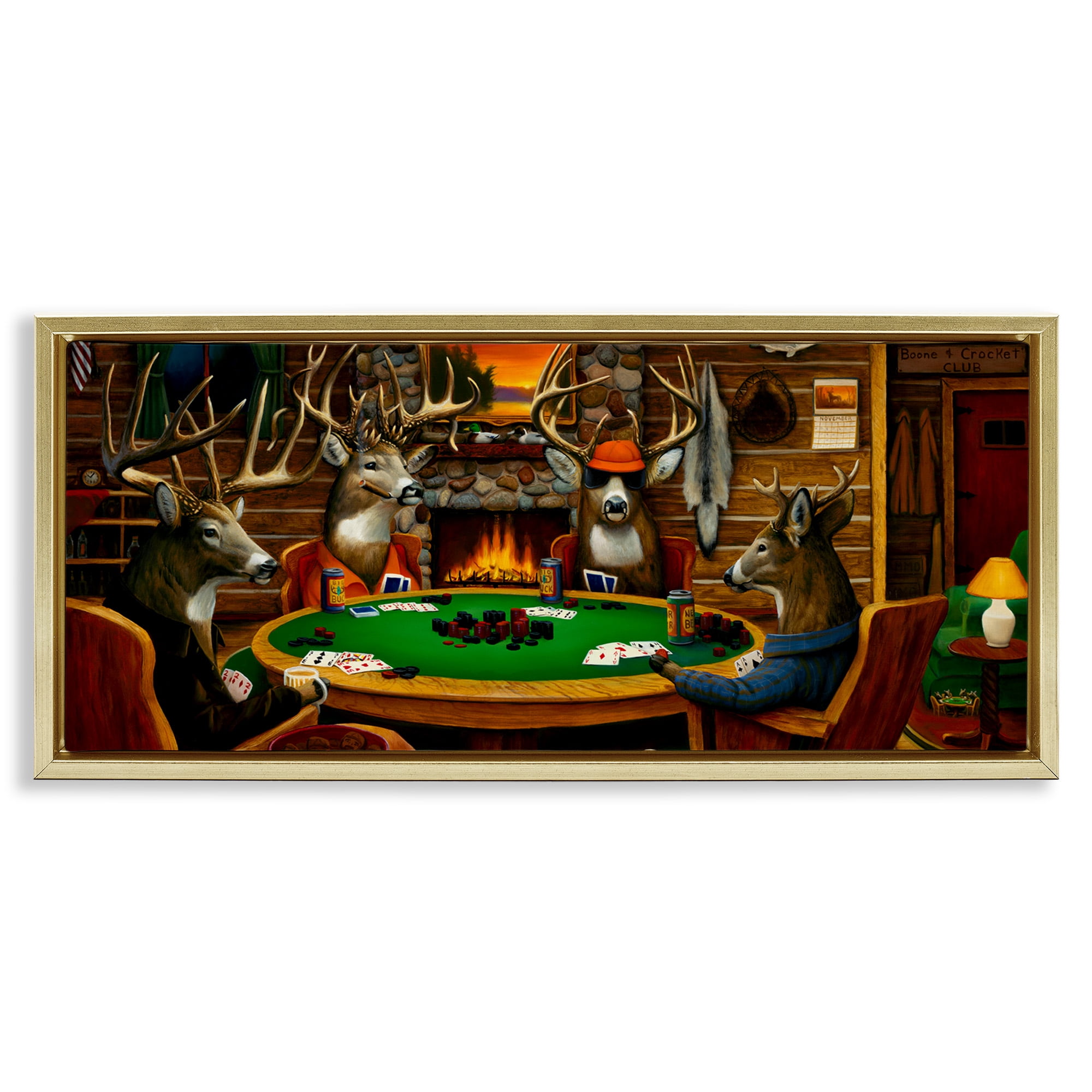 Stupell Industries Deer Playing Poker in Lodge Animals & Insects Painting Gold Floater Framed Canvas Art Print Wall Art, 31 x 14