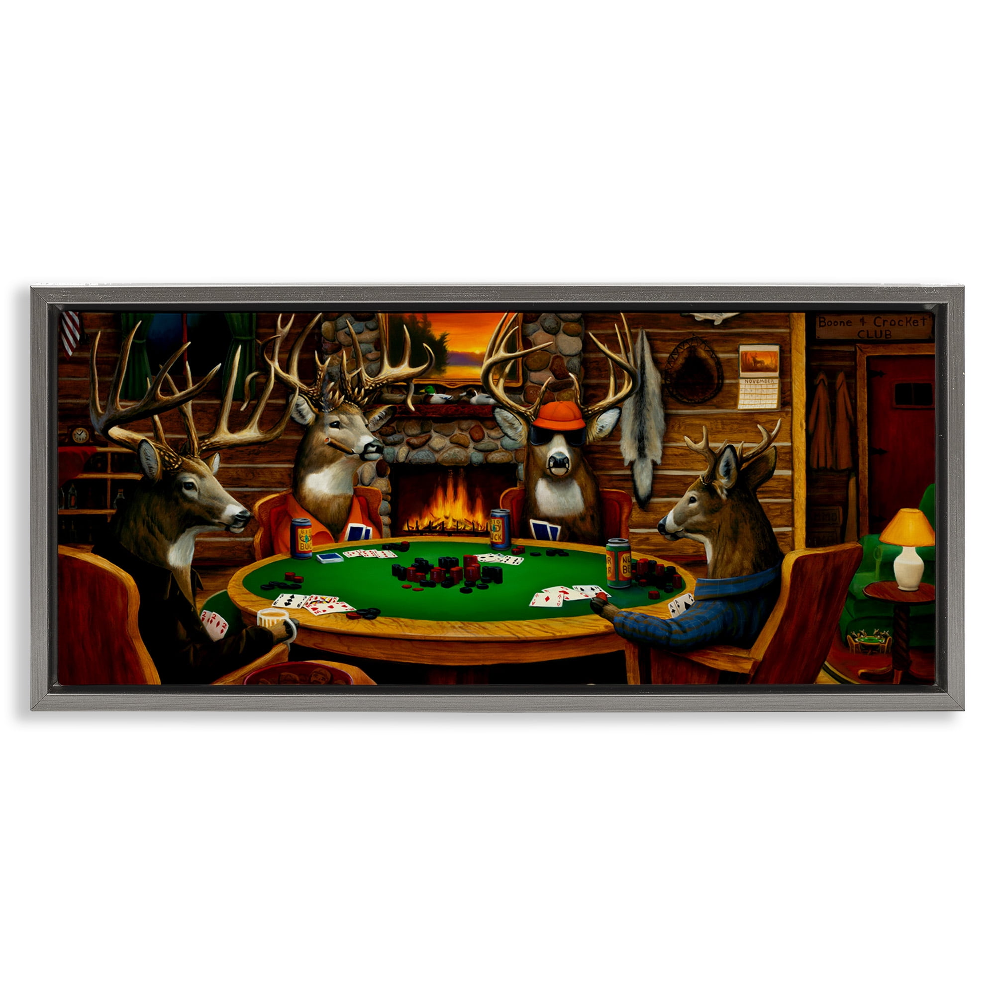 Stupell Industries Deer Playing Poker in Lodge Animals & Insects Painting Gray Floater Framed Canvas Art Print Wall Art, 31 x 14