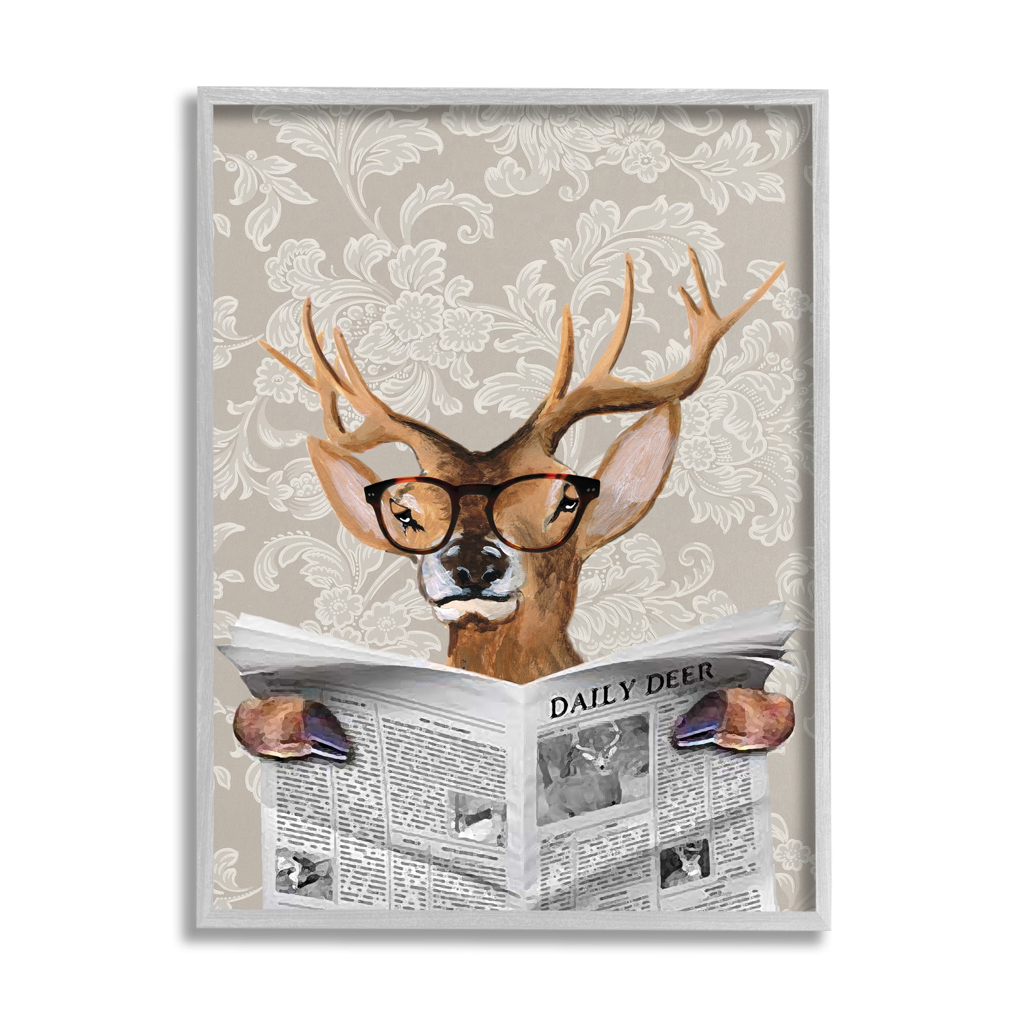 Stupell Industries Deer Reading Newspaper With Big Glasses Graphic Art Framed Art Print Wall Art, 11x14, By Coco de Paris