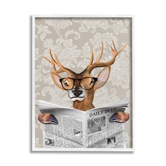 Stupell Industries Deer Reading Newspaper With Big Glasses Graphic Art Framed Art Print Wall Art, 11x14, By Coco de Paris