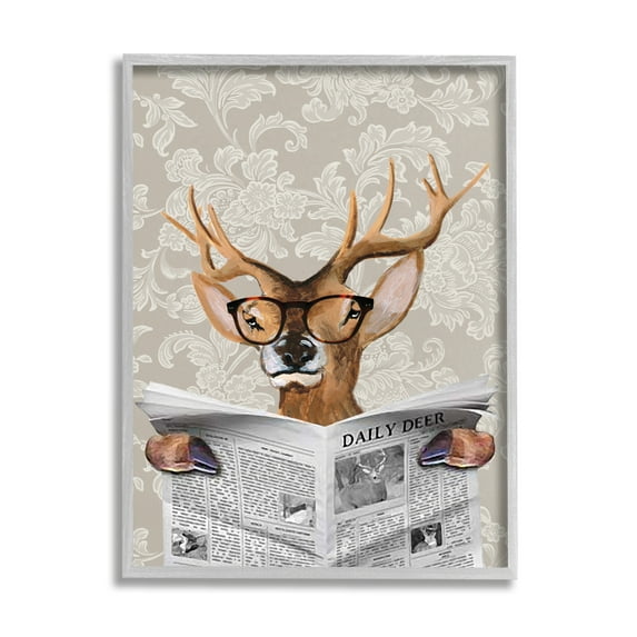 Stupell Industries Deer Reading Newspaper With Big Glasses Graphic Art Framed Art Print Wall Art, 24x30, By Coco de Paris