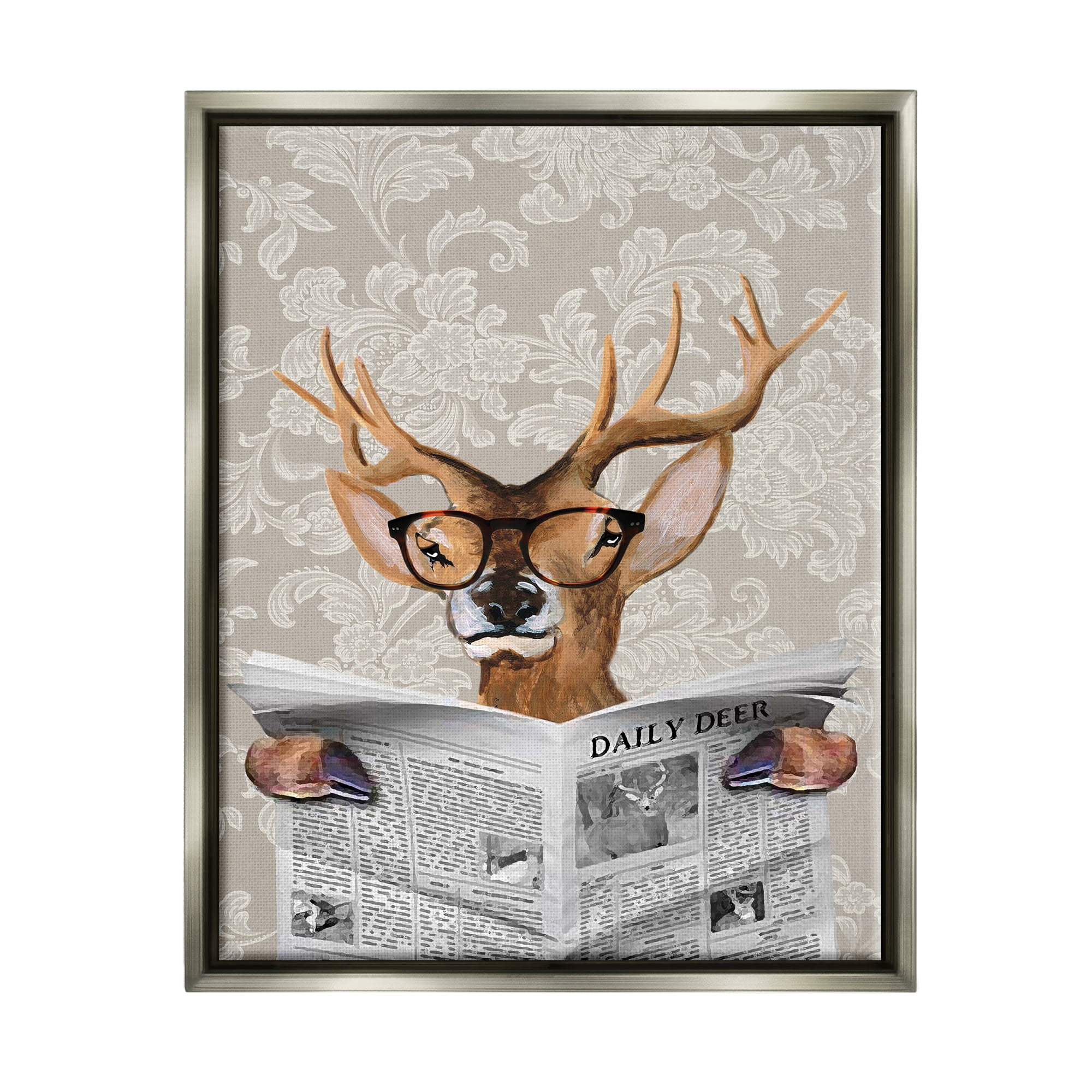 Stupell Industries Deer Reading Newspaper With Big Glasses Luster Gray Framed Floating Canvas Wall Art, 24x30, by Coco de Paris