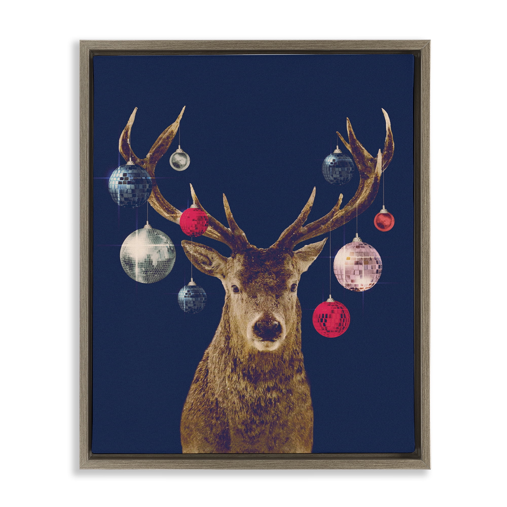 Stupell Industries Deer & Shining Ornaments Holiday Painting Brown Floater Framed Art Print Wall Art, 25 x 31