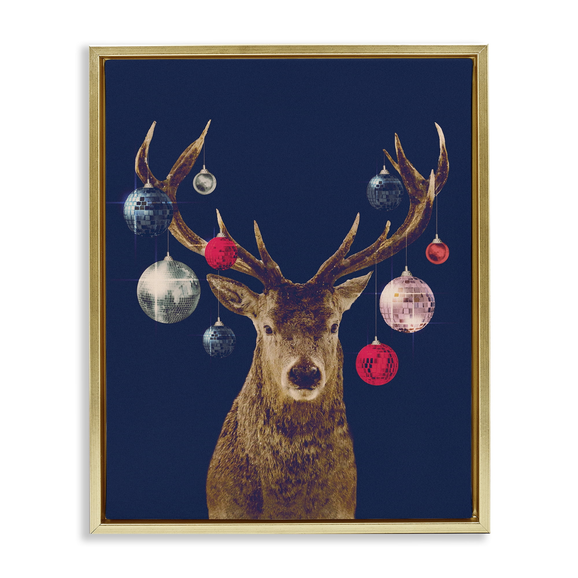 Stupell Industries Deer & Shining Ornaments Holiday Painting Gold Floater Framed Art Print Wall Art, 25 x 31
