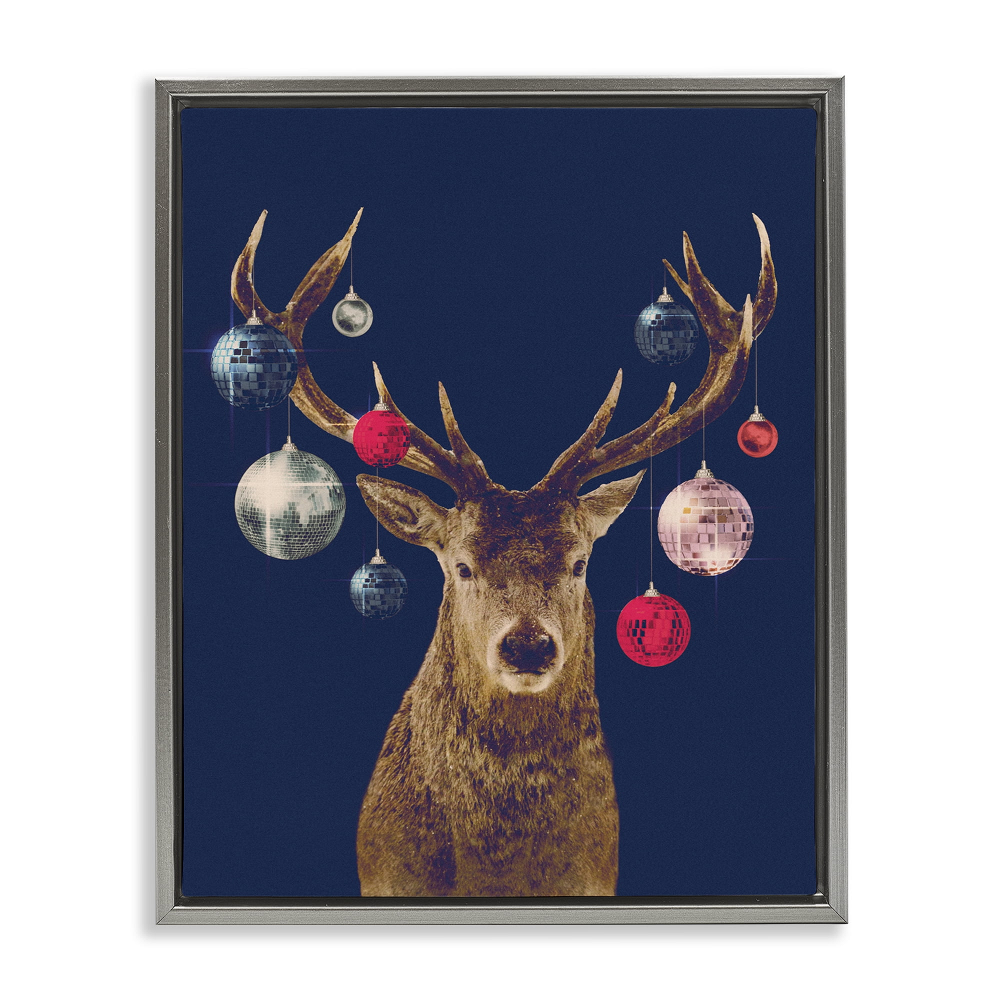 Stupell Industries Deer & Shining Ornaments Holiday Painting Gray Floater Framed Art Print Wall Art, 25 x 31