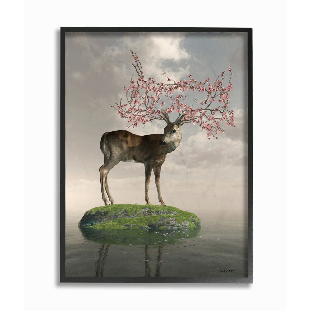 Stupell Industries Deer Tree Island Abstract Animal Design Framed Wall Art by Cynthia Decker, 24" x 30", Black Framed
