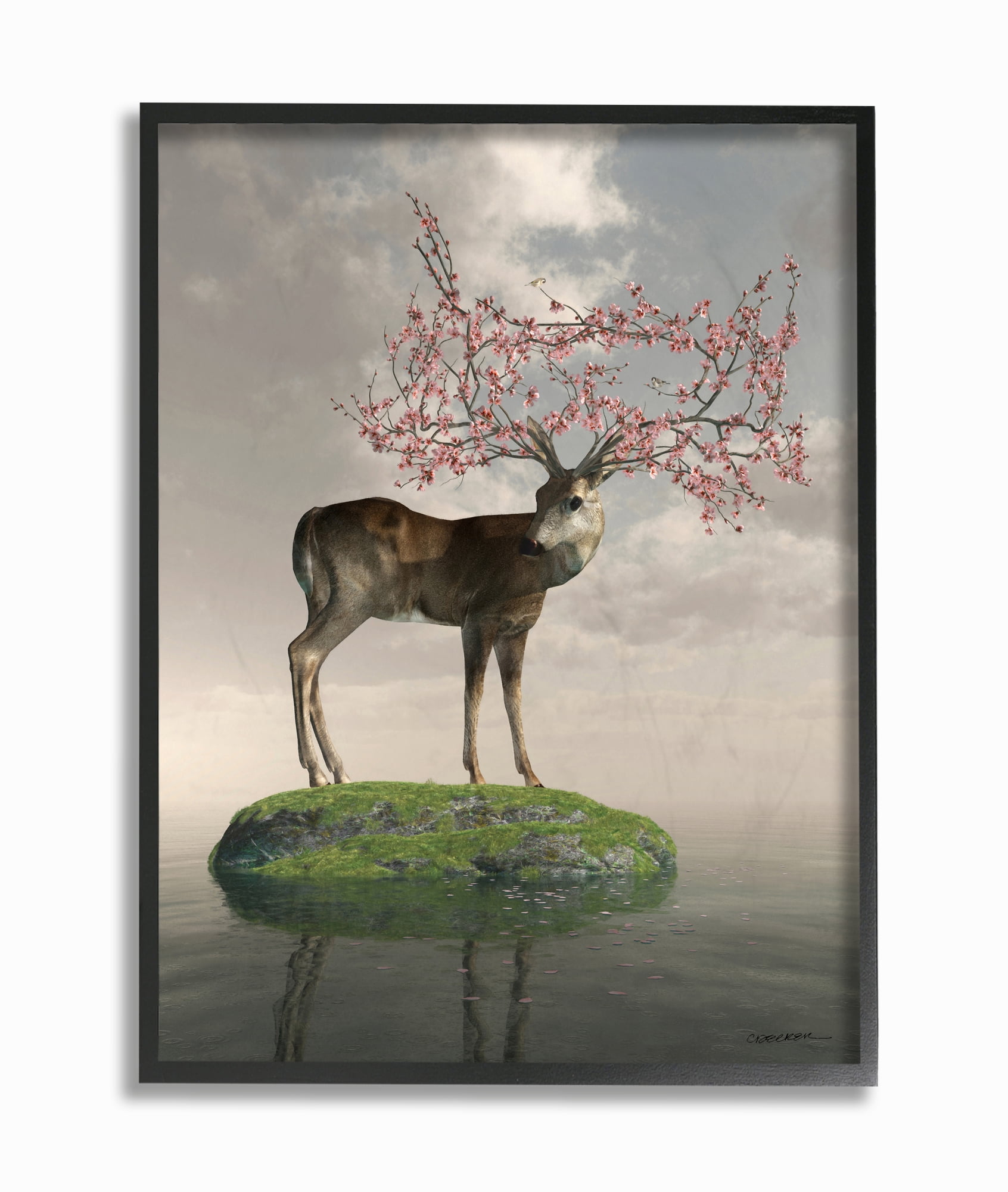 Stupell Industries Deer Tree Island Abstract Animal Design Framed Wall Art by Cynthia Decker