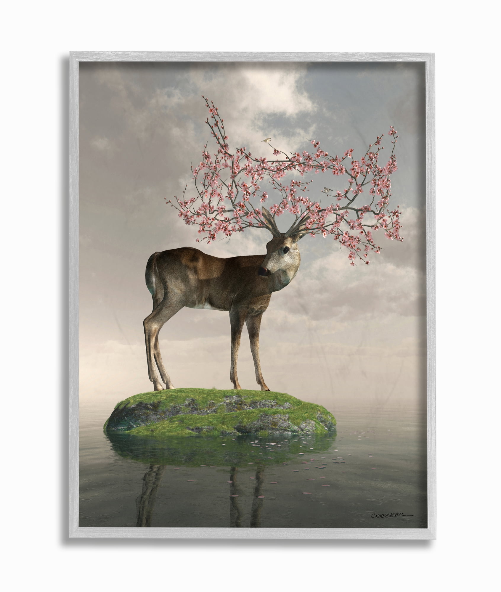 Stupell Industries Deer Tree Island Abstract Animal Design Framed Wall Art by Cynthia Decker