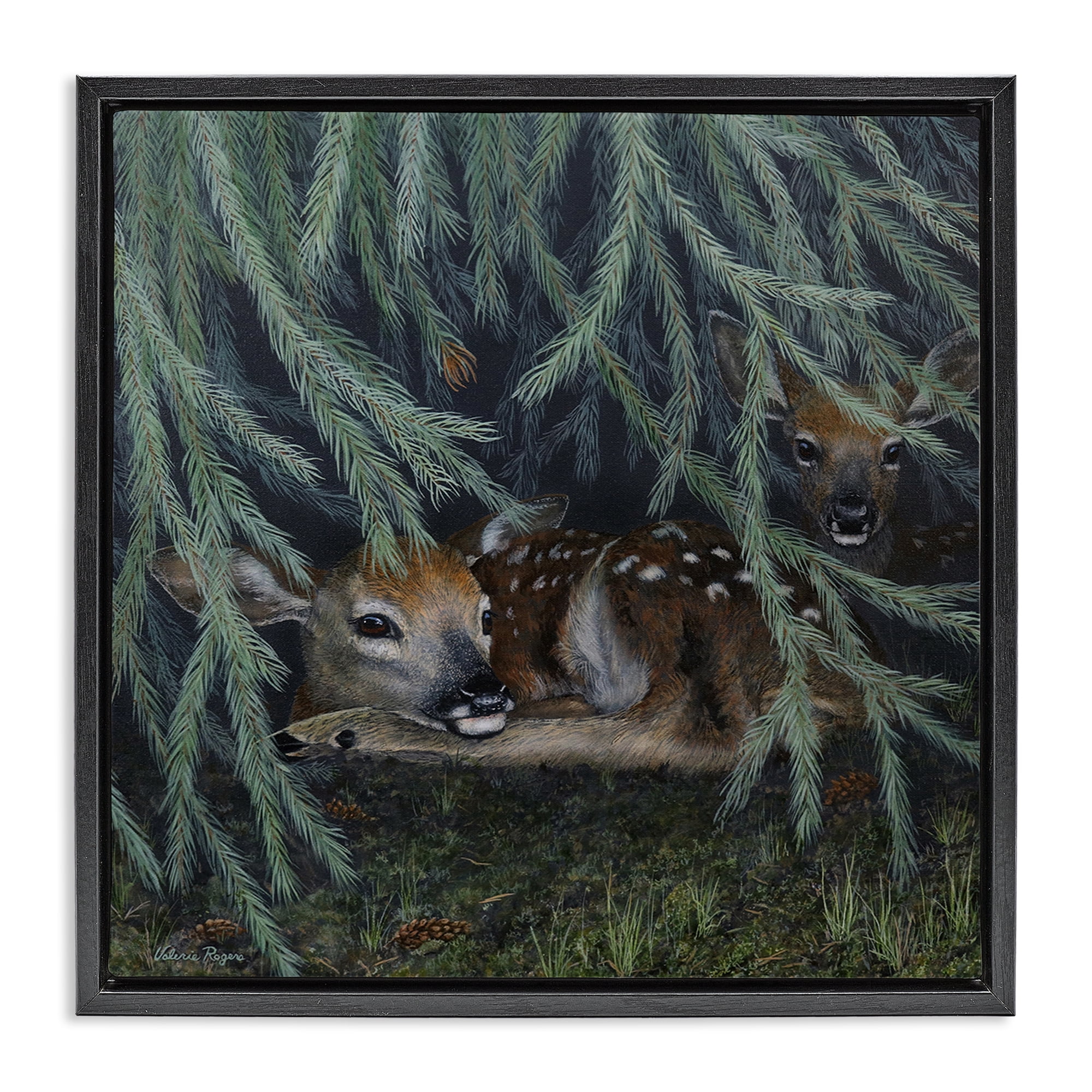 Stupell Industries Deer Under Forest Tree Animals Painting Black Floater Framed Canvas Art Print Wall Art, 25 x 25