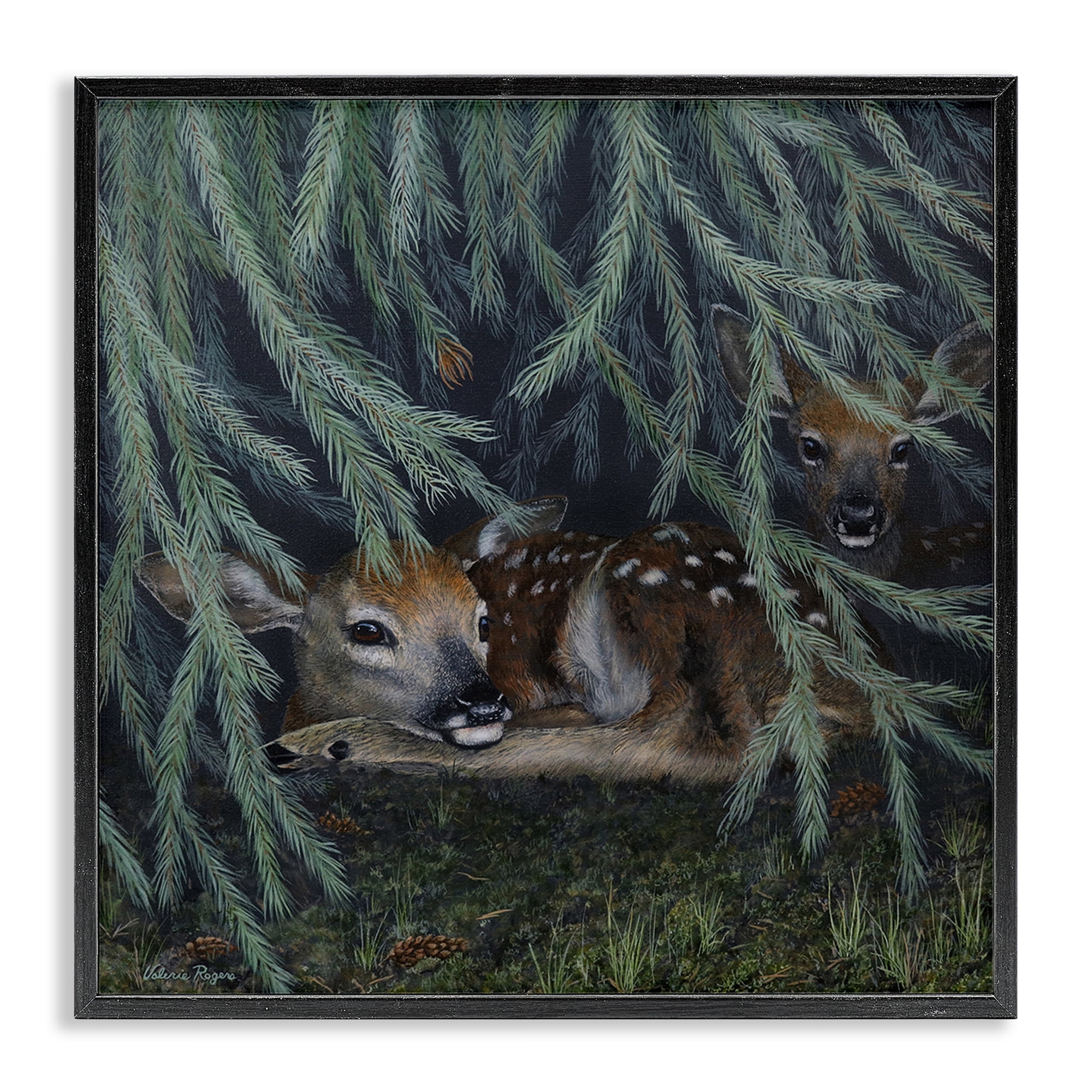 Stupell Industries Deer Under Forest Tree Animals Painting Black Framed Art Print Wall Art, 24 x 24