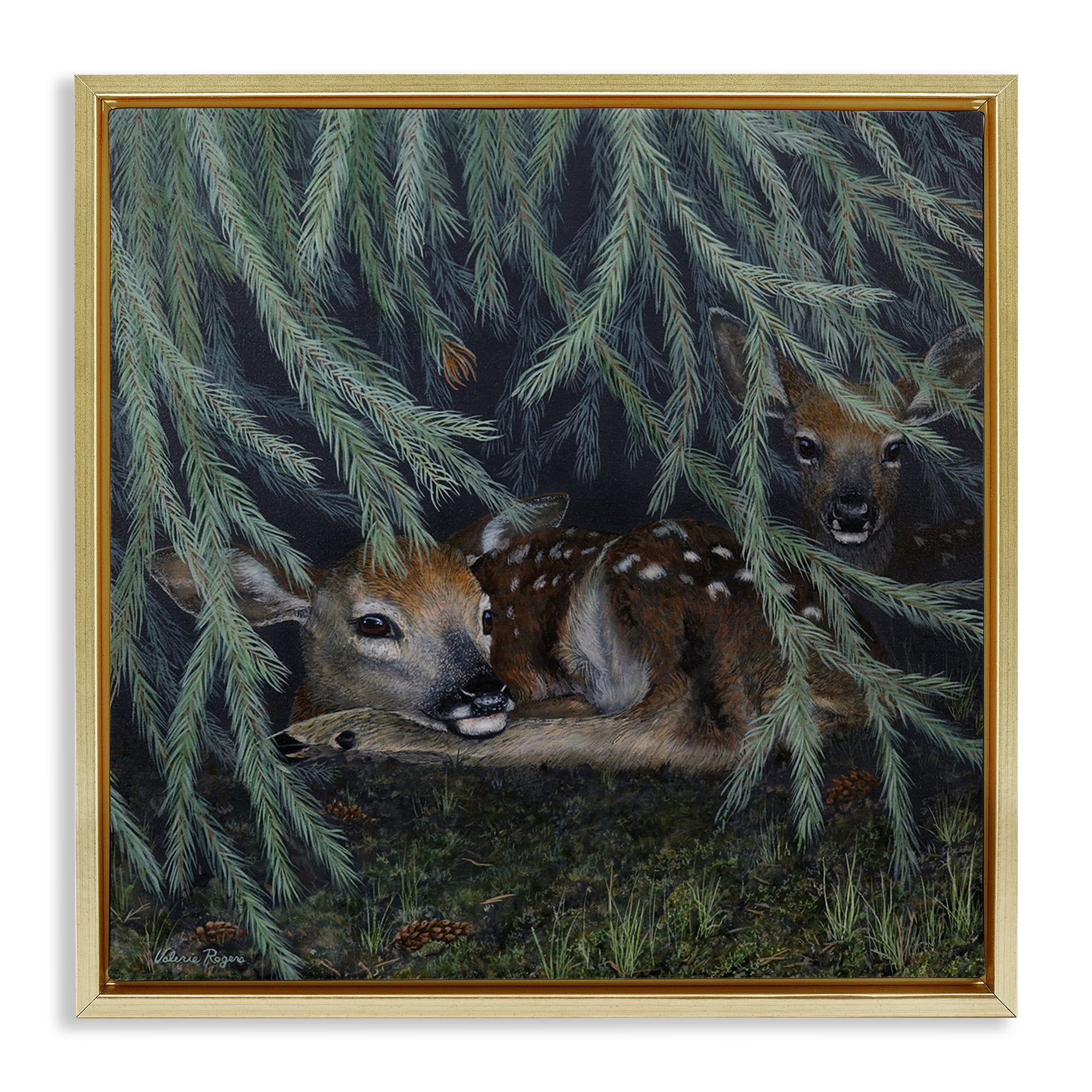 Stupell Industries Deer Under Forest Tree Animals Painting Gold Floater Framed Canvas Art Print Wall Art, 18 x 18