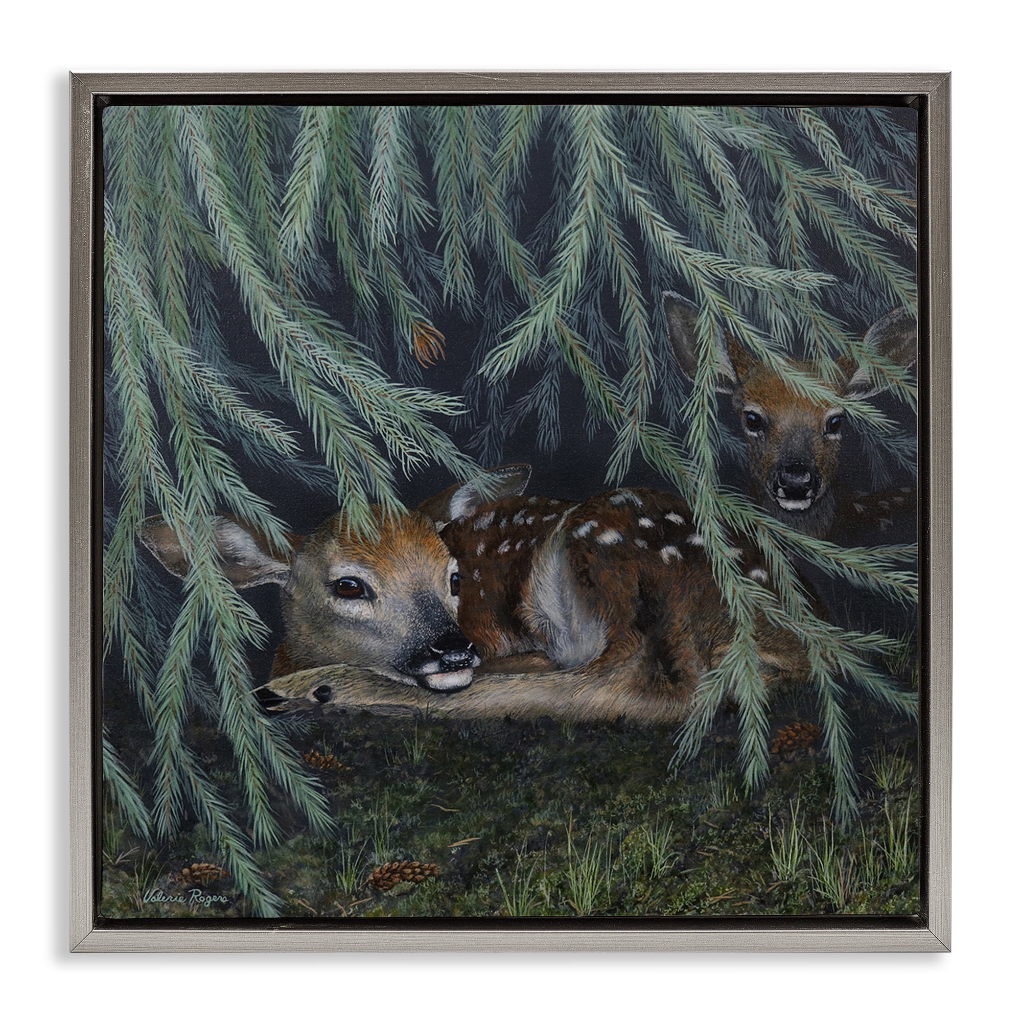 Stupell Industries Deer Under Forest Tree Animals Painting Gray Floater Framed Canvas Art Print Wall Art, 25 x 25