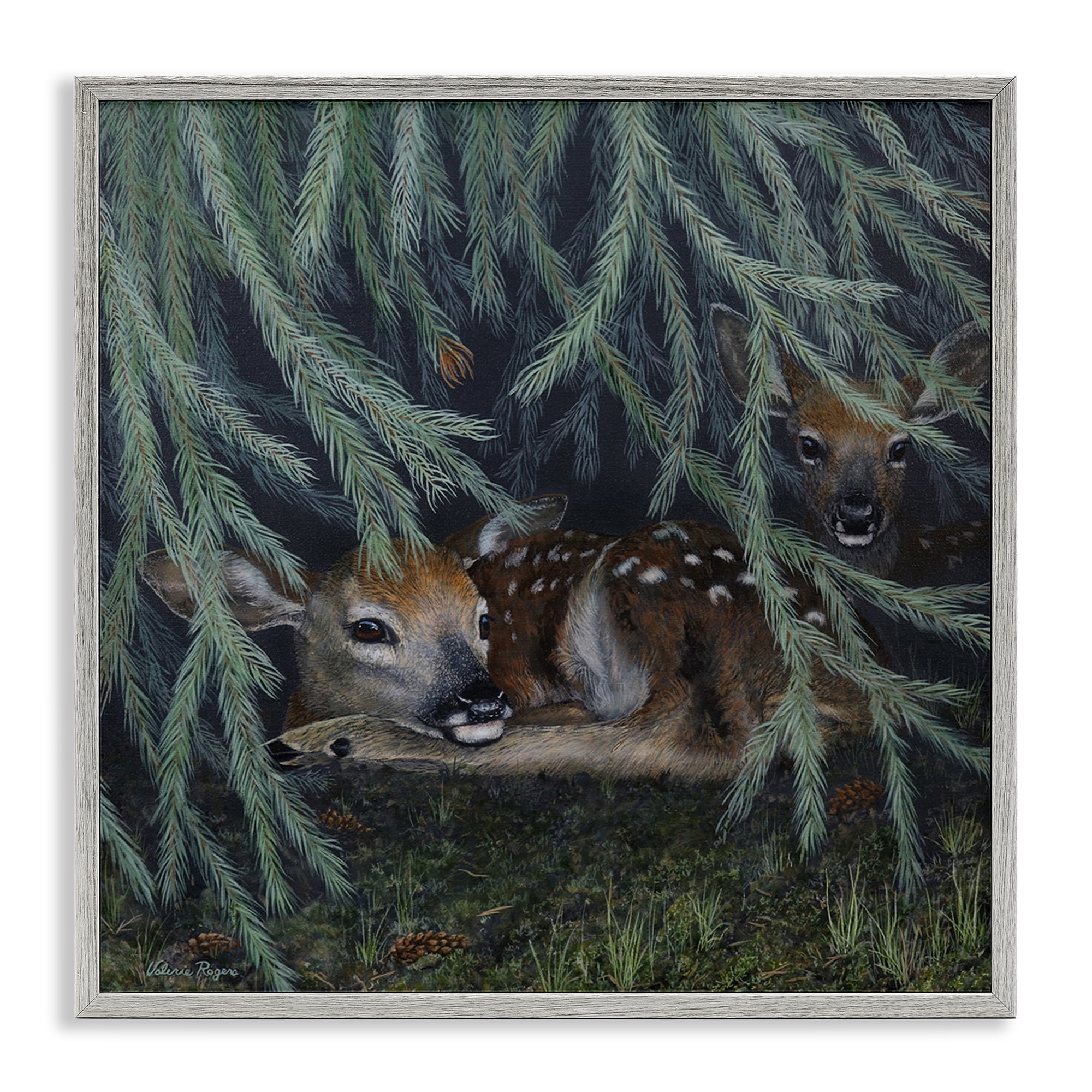 Stupell Industries Deer Under Forest Tree Animals Painting Gray Framed Art Print Wall Art, 17 x 17