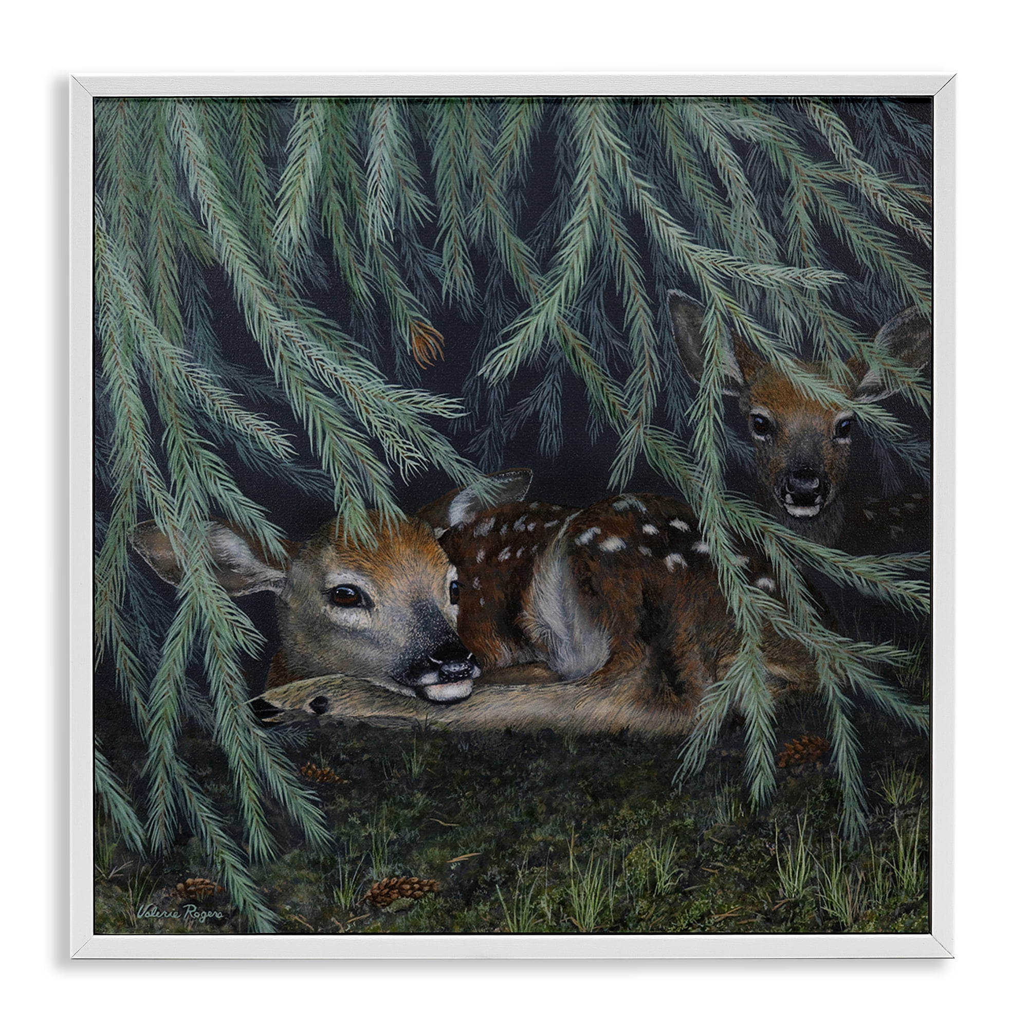 Stupell Industries Deer Under Forest Tree Animals Painting White Framed Art Print Wall Art, 12 x 12