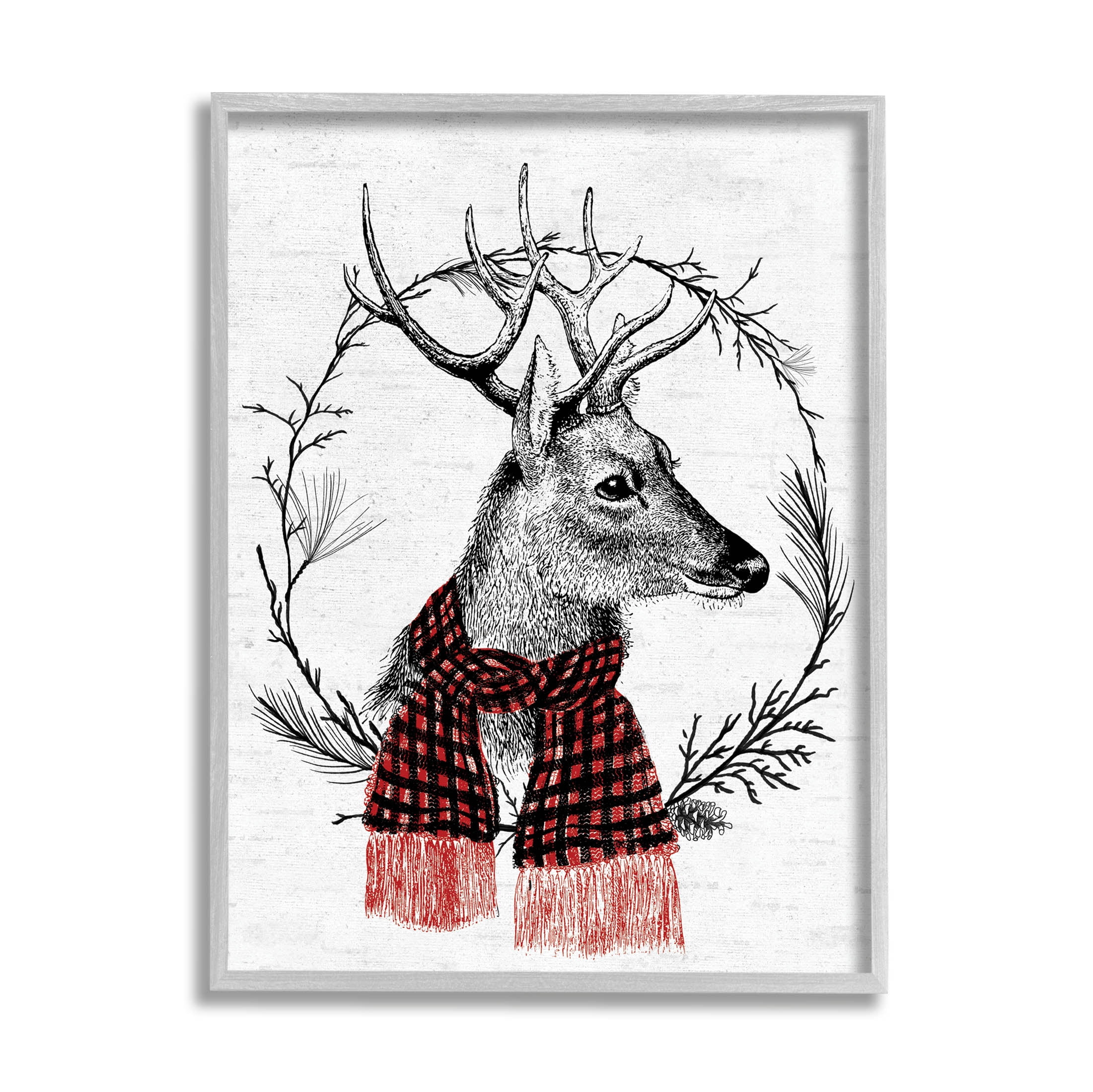 Stupell Industries Deer Winter Botanical Wreath Graphic Art Gray Framed Art Print Wall Art, Design by Lettered and Lined