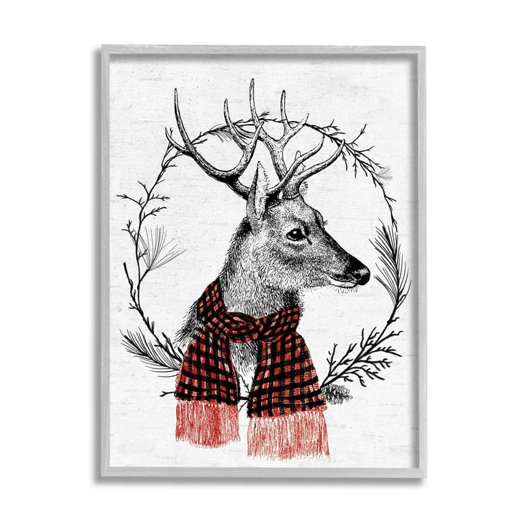 Stupell Industries Deer Winter Botanical Wreath Graphic Art Gray 