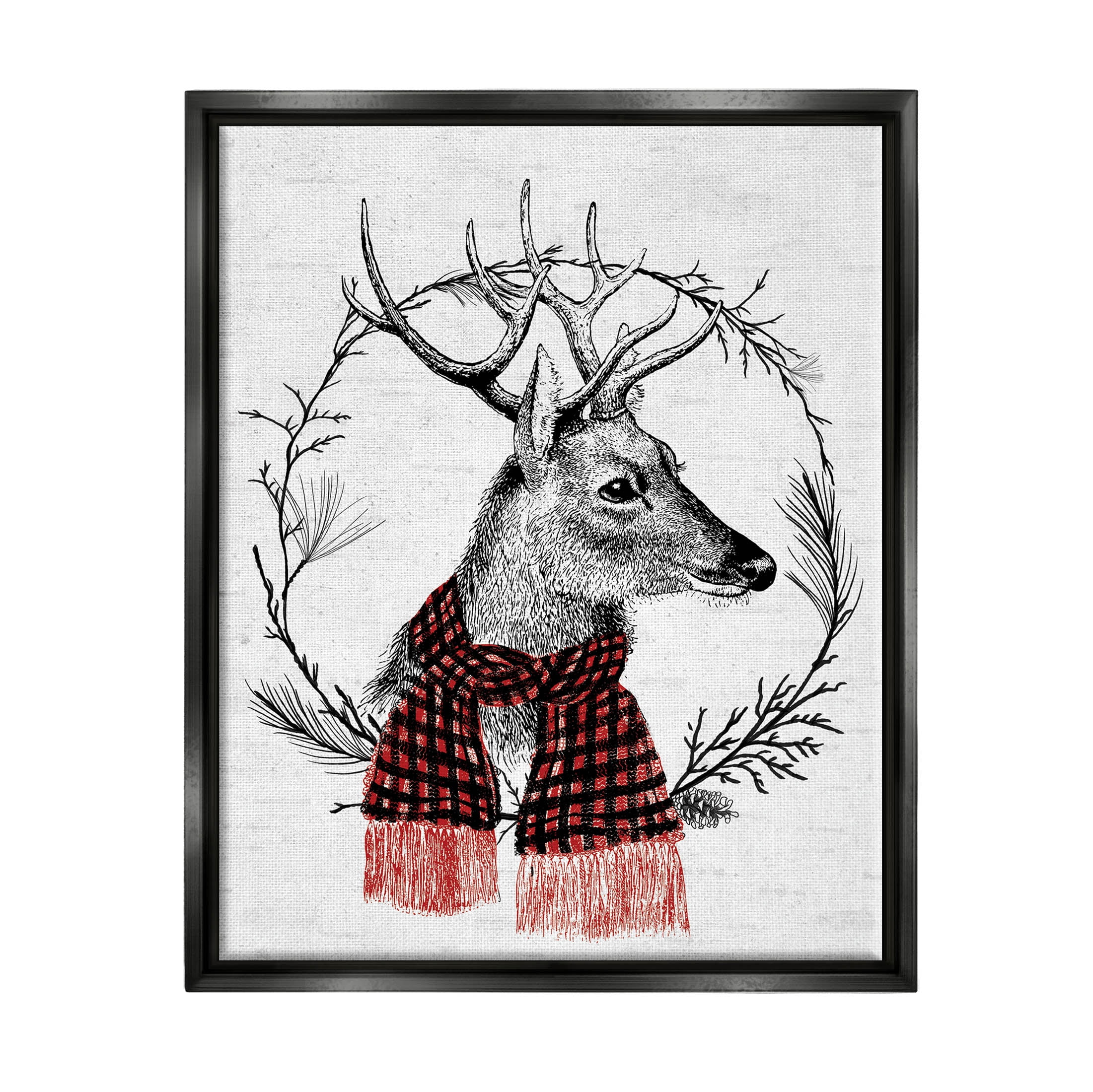Stupell Industries Deer Winter Botanical Wreath Graphic Art Jet Black Floating Framed Canvas Print Wall Art, Design by Lettered and Lined