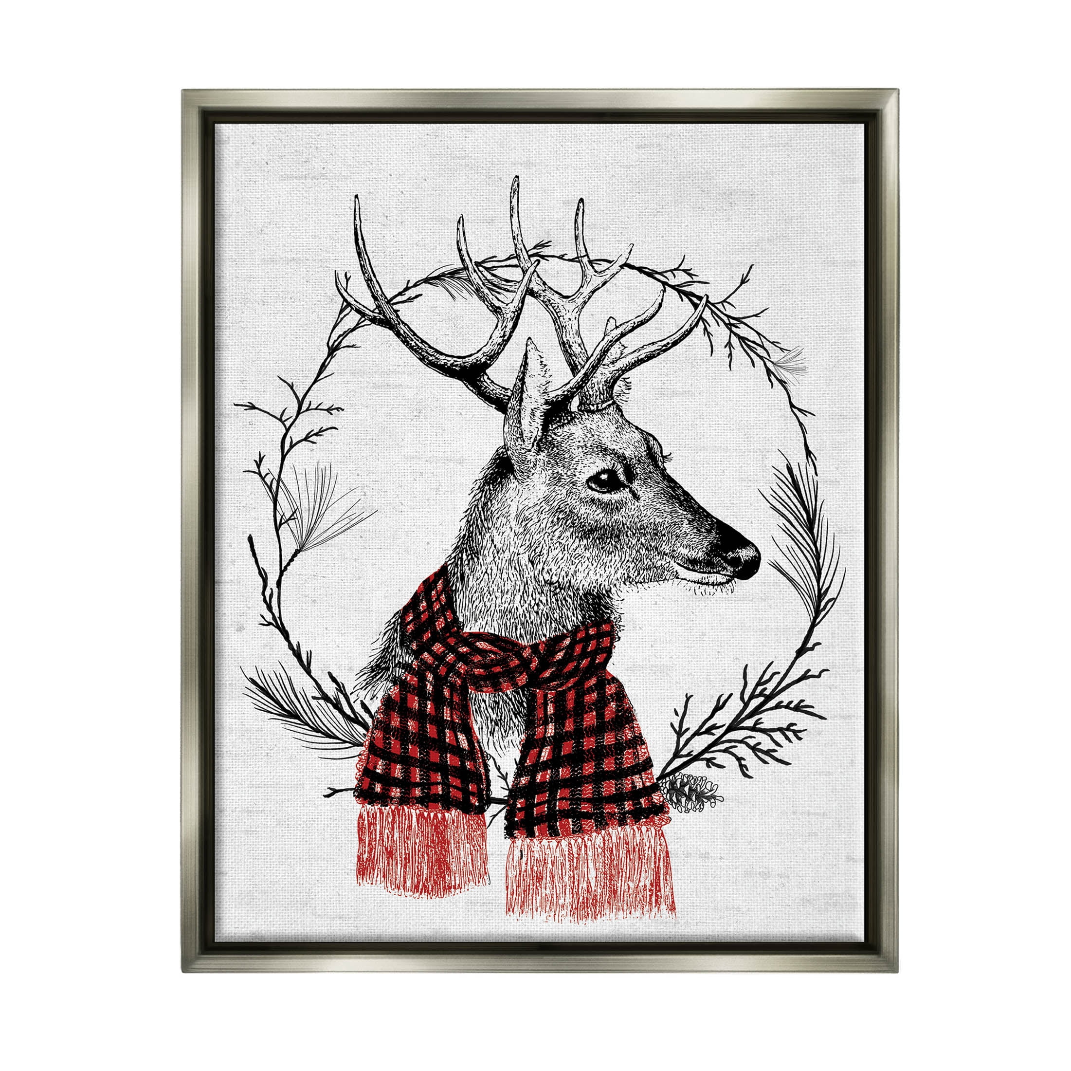Stupell Industries Deer Winter Botanical Wreath Graphic Art Luster Gray Floating Framed Canvas Print Wall Art, Design by Lettered and Lined