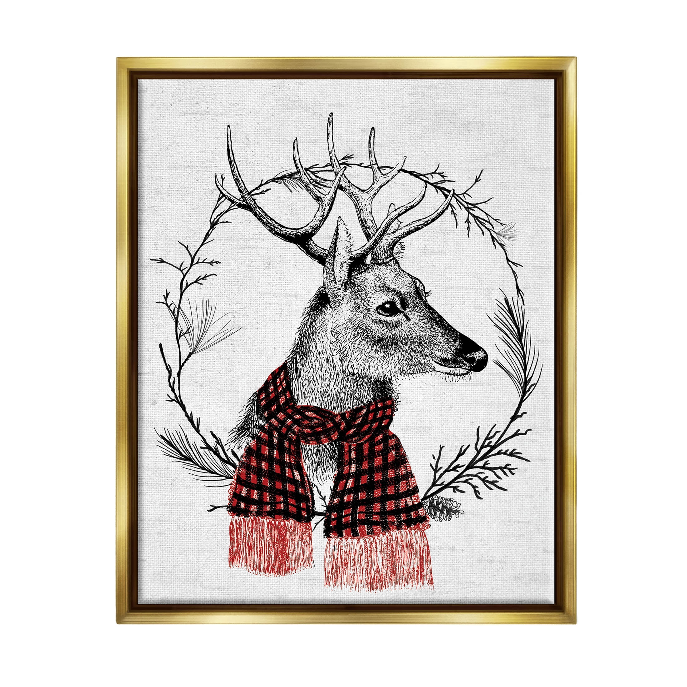 Stupell Industries Deer Winter Botanical Wreath Graphic Art Metallic Gold Floating Framed Canvas Print Wall Art, Design by Lettered and Lined