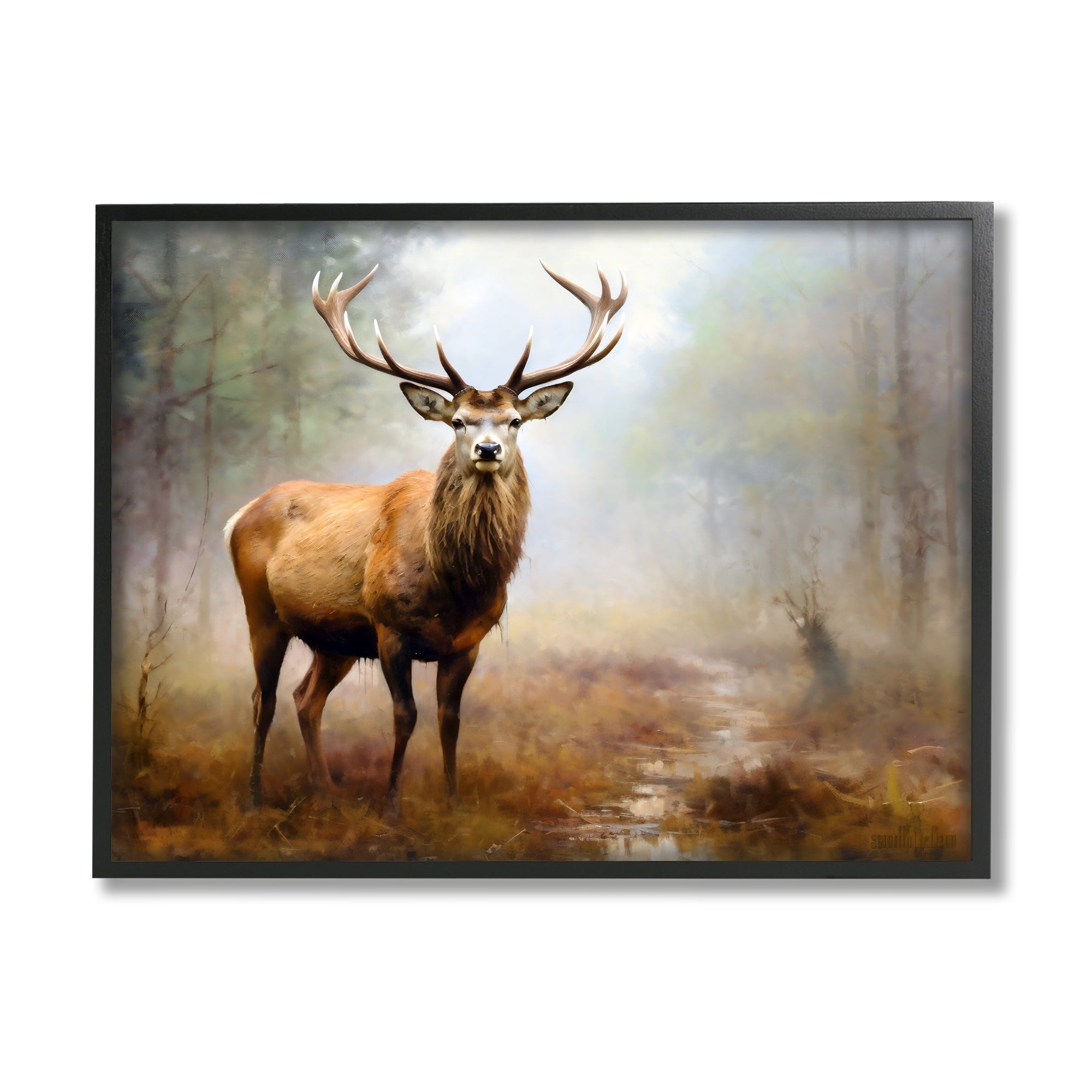 Stupell Industries Deer Woodland Trees Animals & Insects Painting Black Framed Art Print Wall Art, 14 x 11
