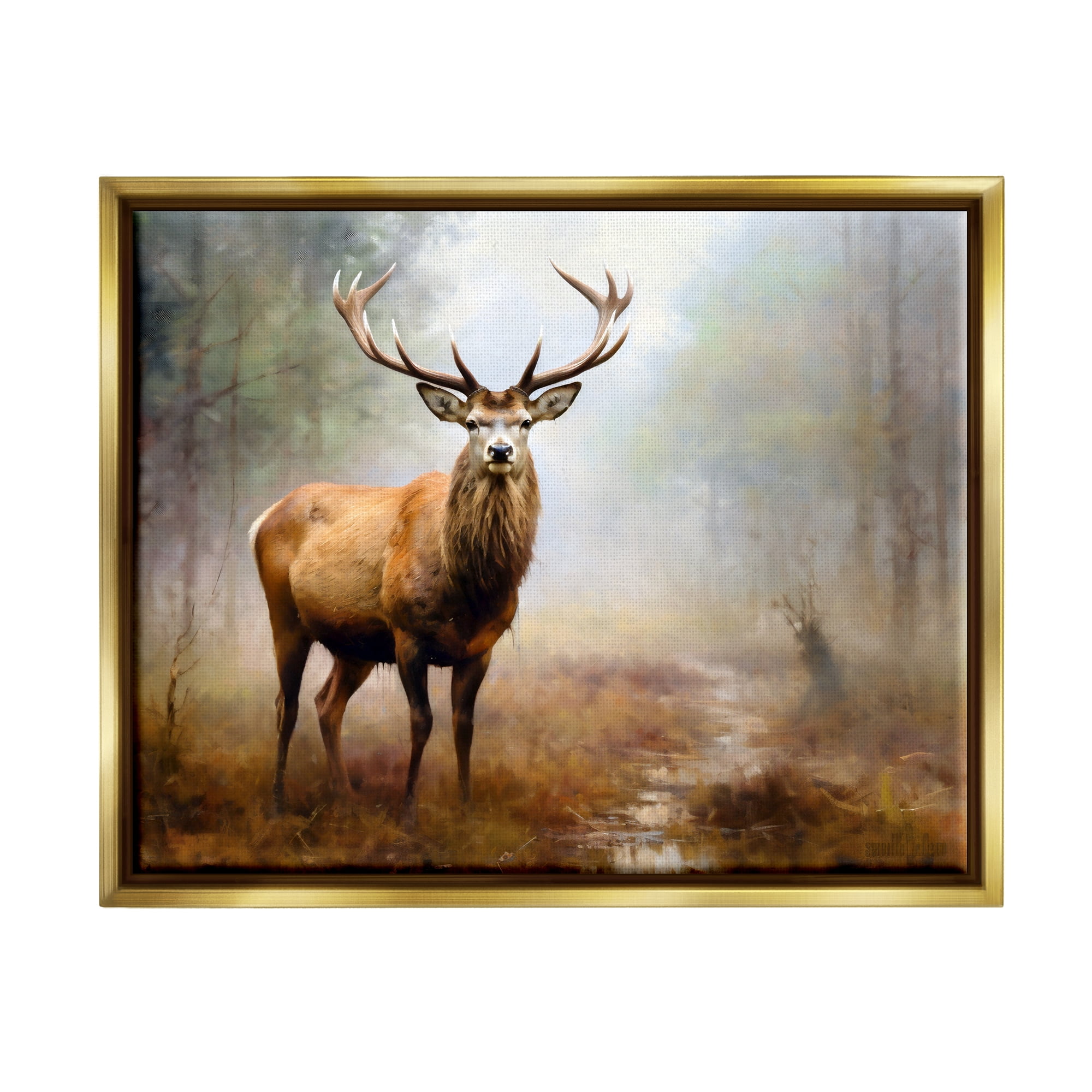 Stupell Industries Deer Woodland Trees Animals & Insects Painting Gold Floater Framed Canvas Art Print Wall Art, 21 x 17
