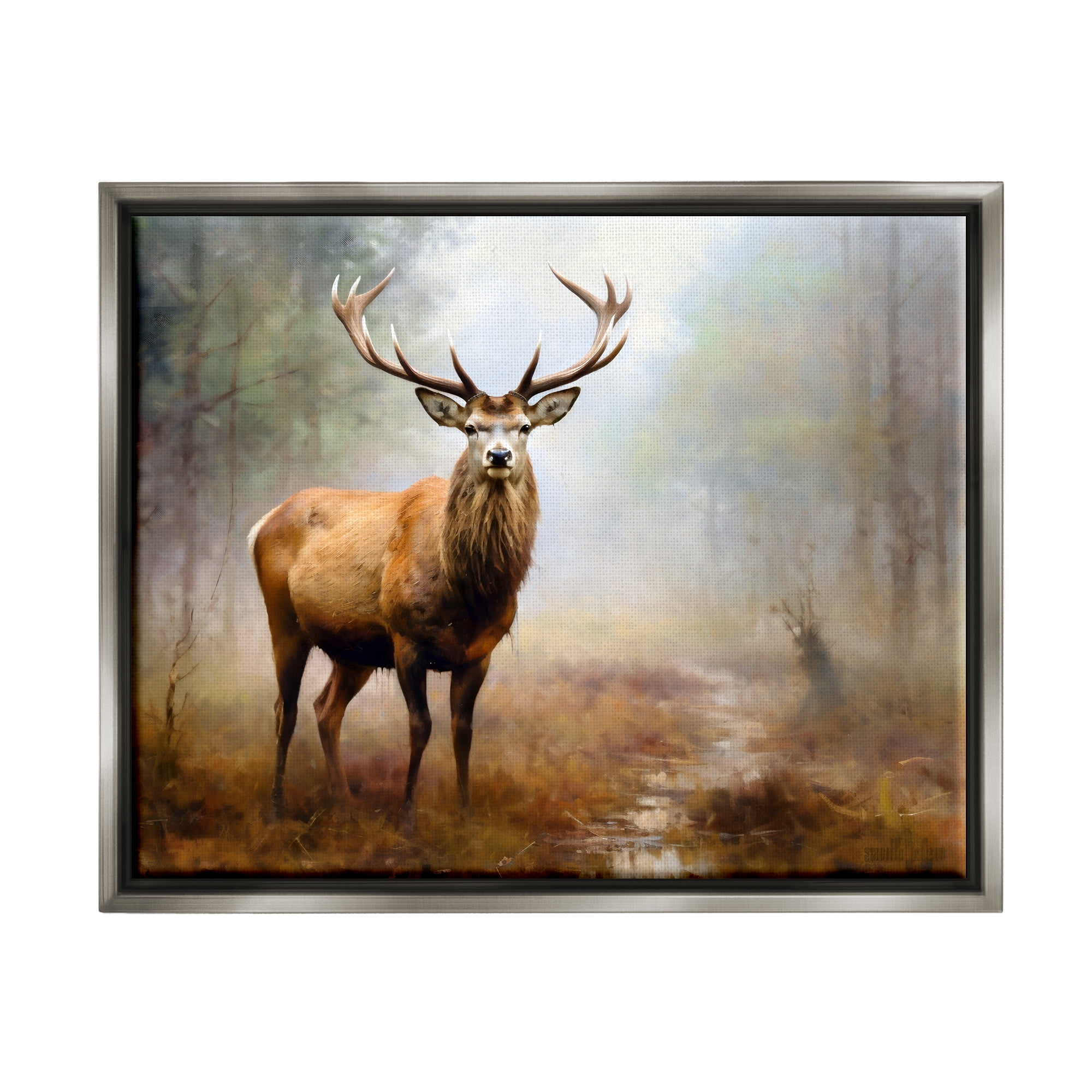 Stupell Industries Deer Woodland Trees Animals & Insects Painting Gray Floater Framed Canvas Art Print Wall Art, 21 x 17