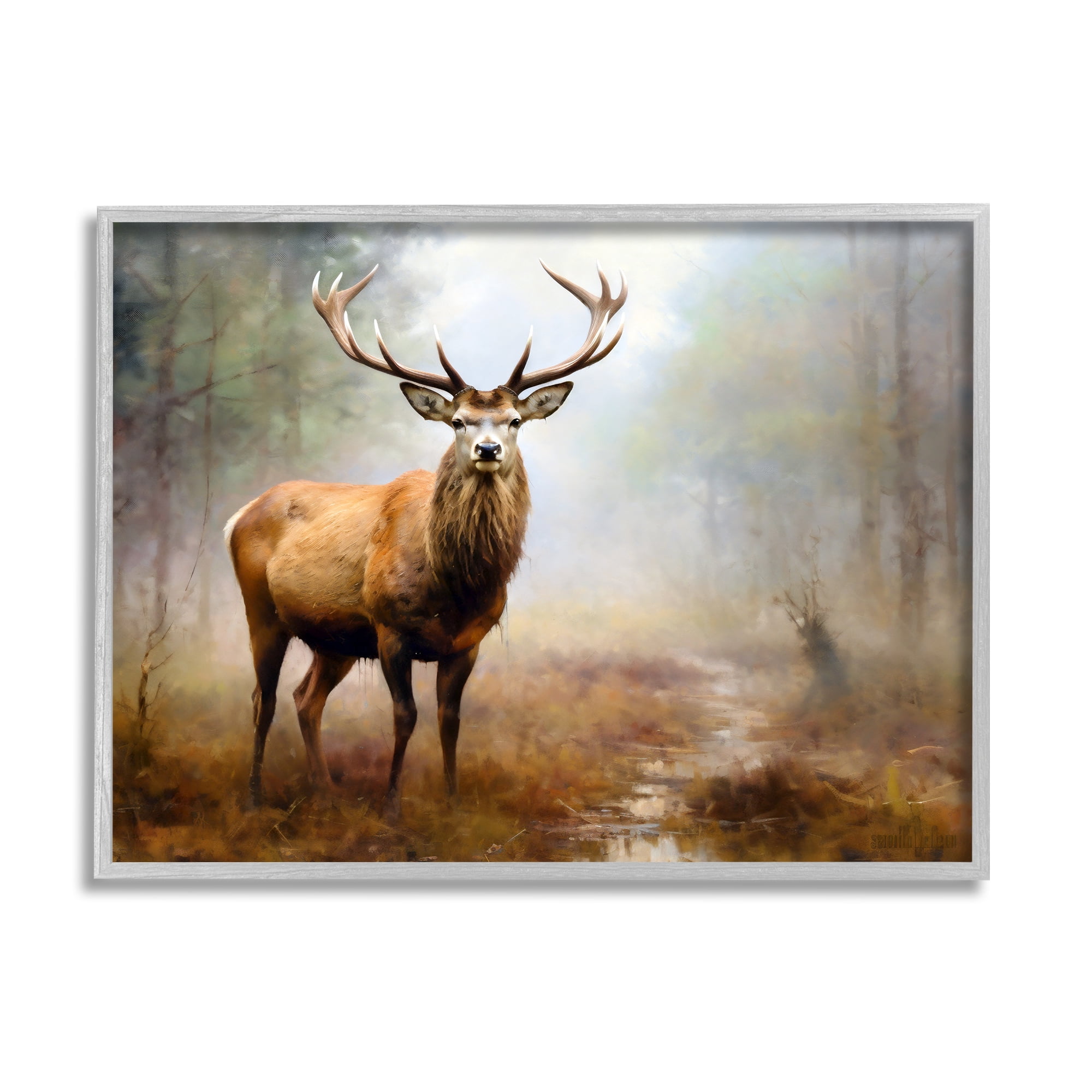 Stupell Industries Deer Woodland Trees Animals & Insects Painting Gray Framed Art Print Wall Art, 20 x 16