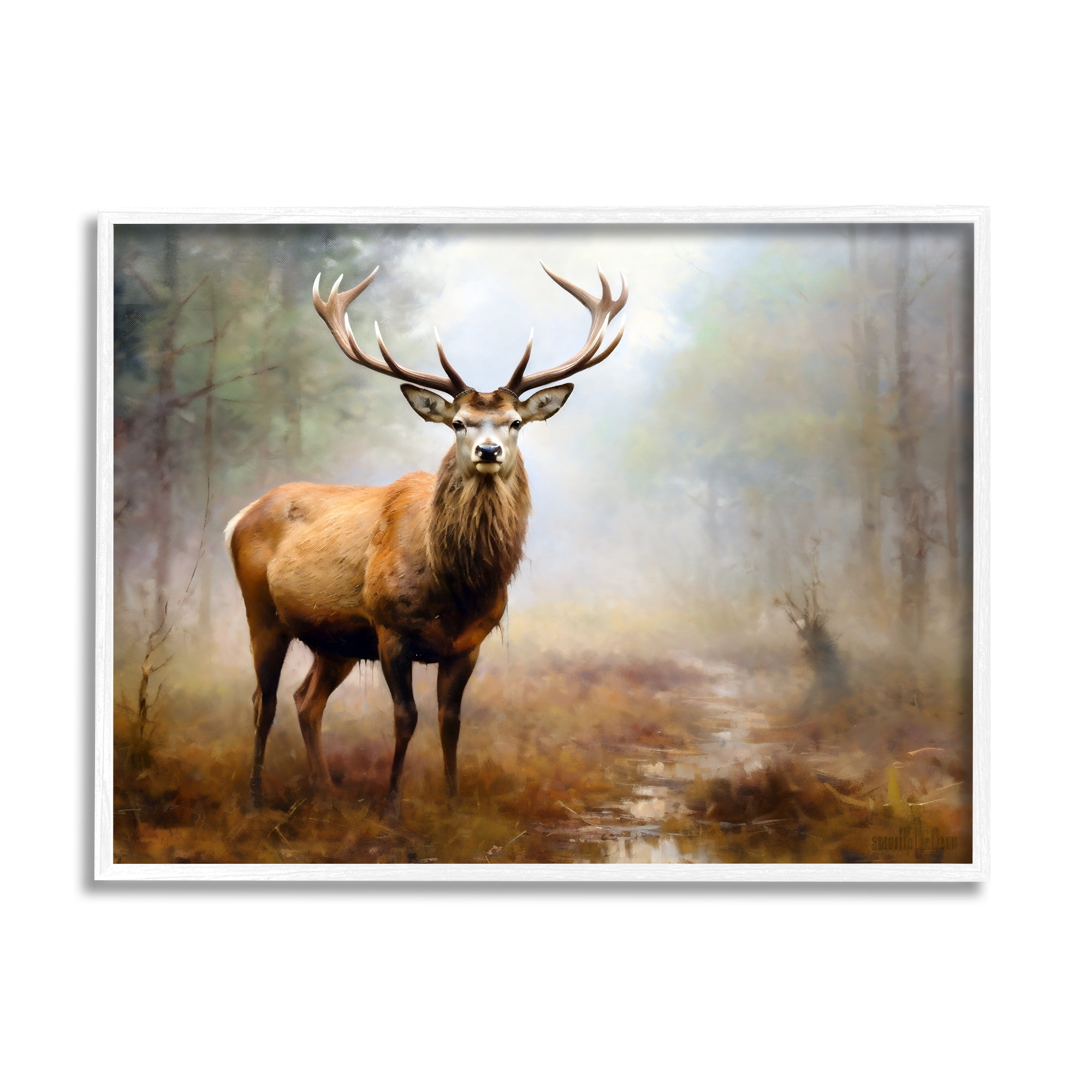 Stupell Industries Deer Woodland Trees Animals & Insects Painting White Framed Art Print Wall Art, 14 x 11