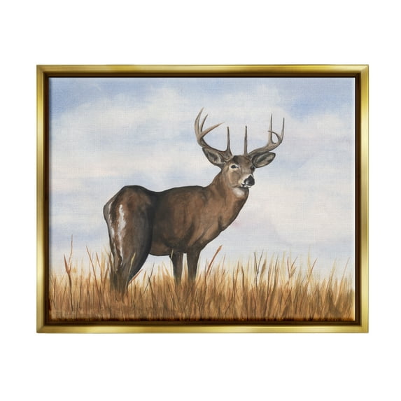 Stupell Industries Deer in Cloudy Landscape Animals & Insects Painting Gold Floater Framed Canvas Art Print Wall Art, 21 x 17