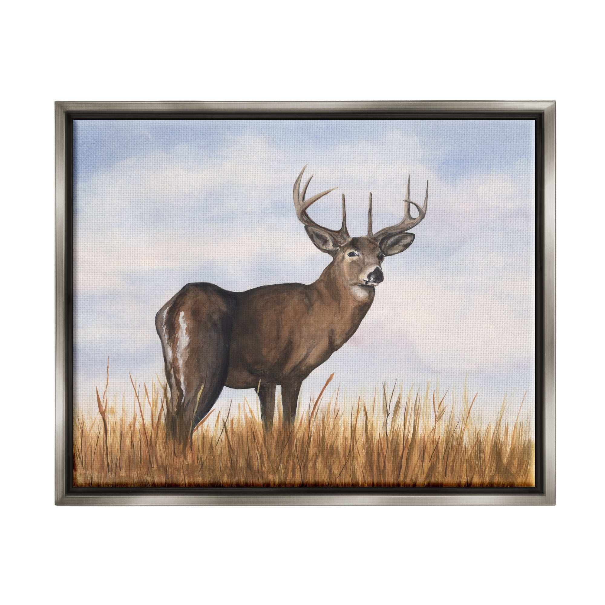 Stupell Industries Deer in Cloudy Landscape Animals & Insects Painting Gray Floater Framed Canvas Art Print Wall Art, 31 x 25