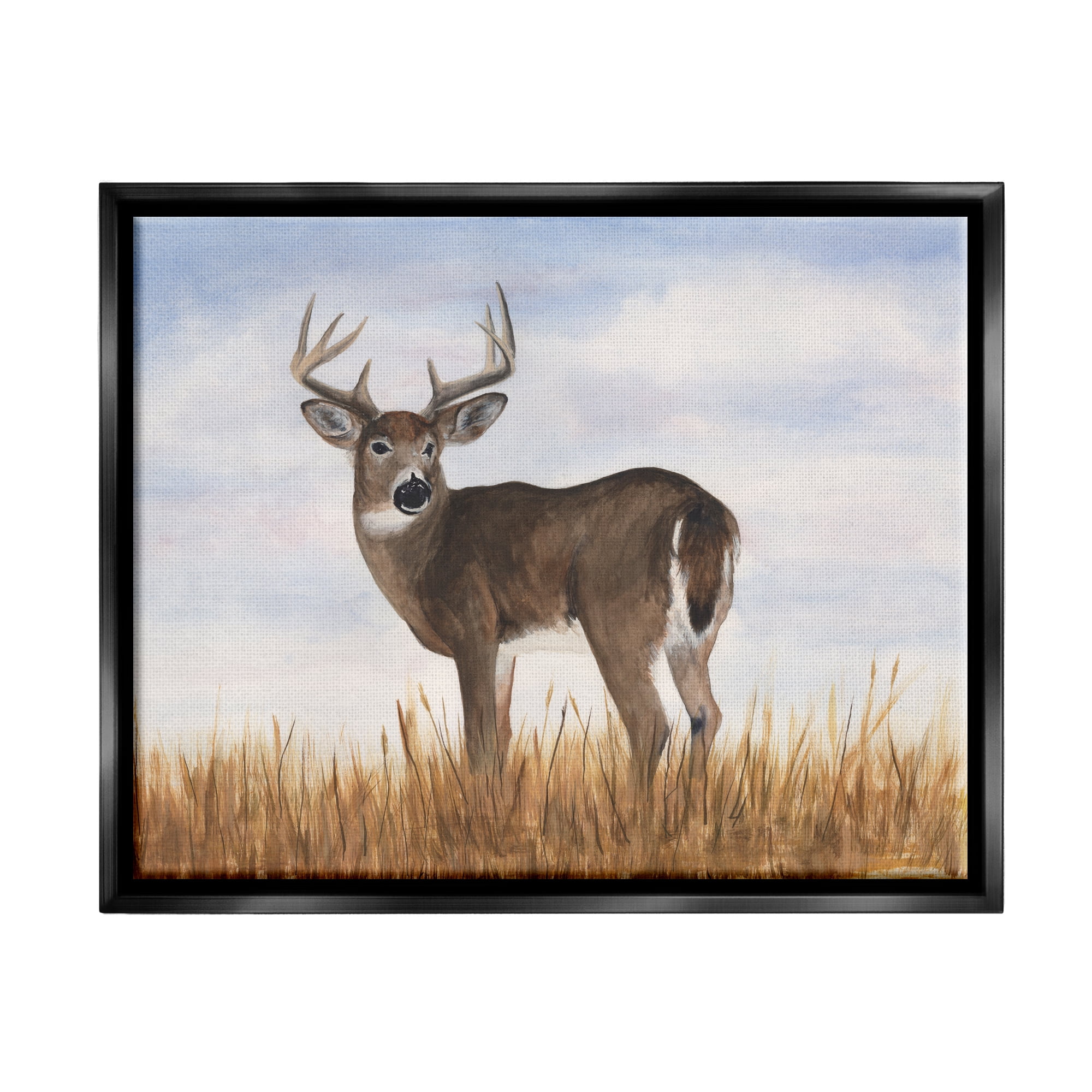 Stupell Industries Deer in Country Grass Animals & Insects Painting Black Floater Framed Canvas Art Print Wall Art, 31 x 25