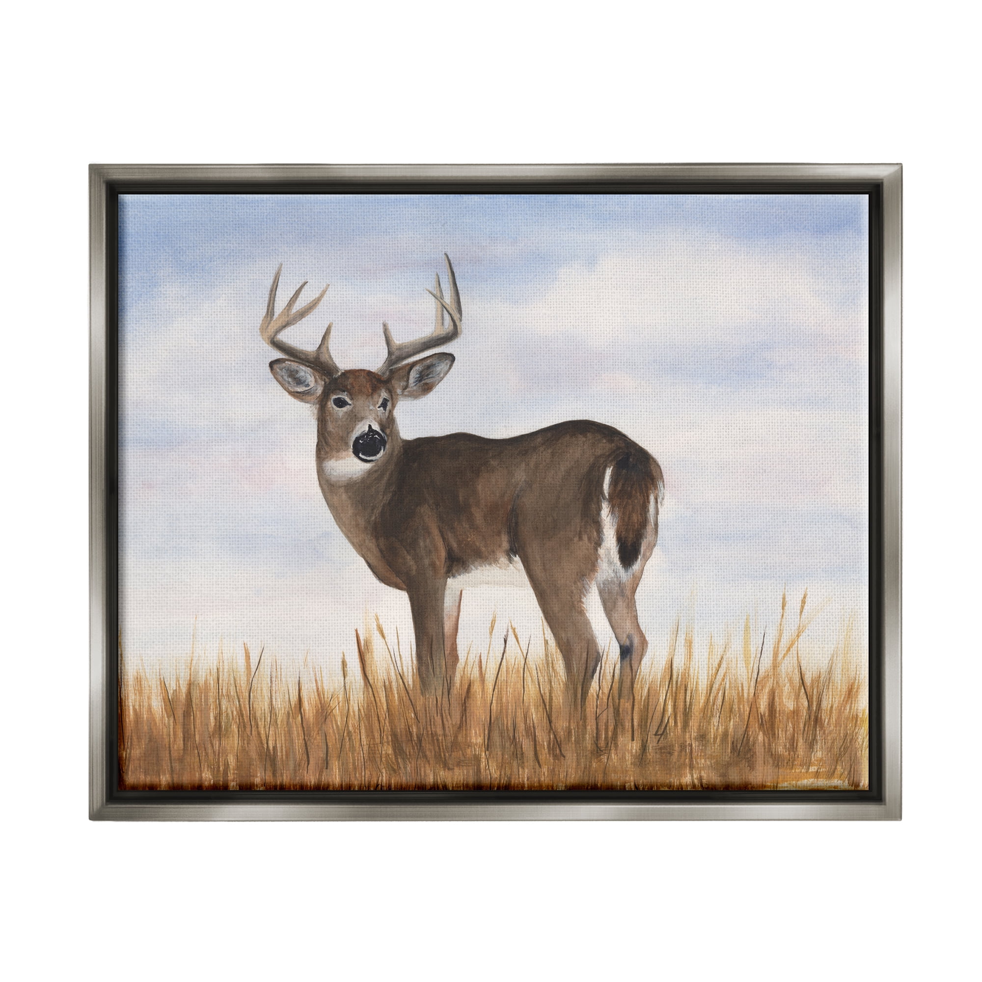 Stupell Industries Deer in Country Grass Animals & Insects Painting Gray Floater Framed Canvas Art Print Wall Art, 21 x 17