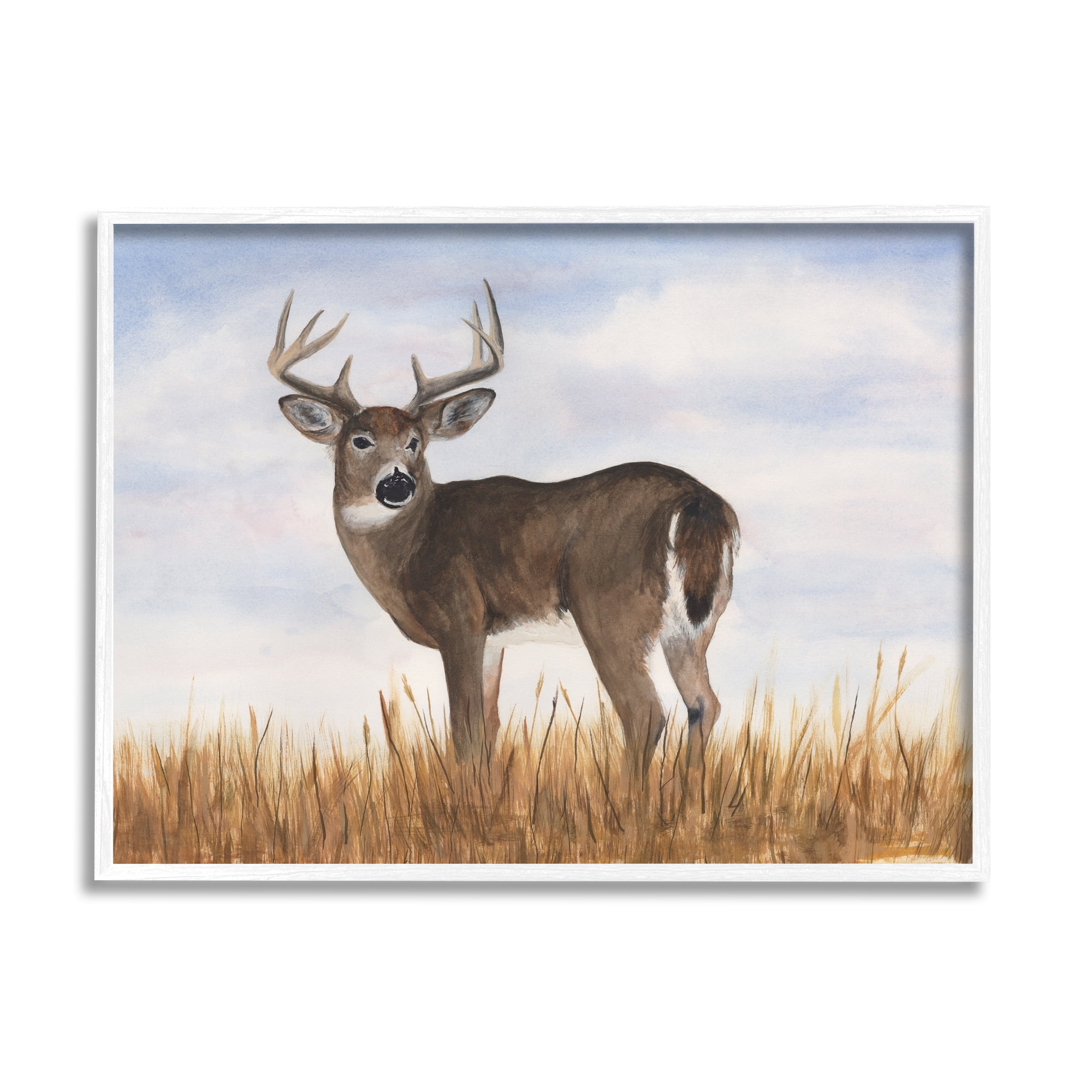 Stupell Industries Deer in Country Grass Animals & Insects Painting White Framed Art Print Wall Art, 14 x 11