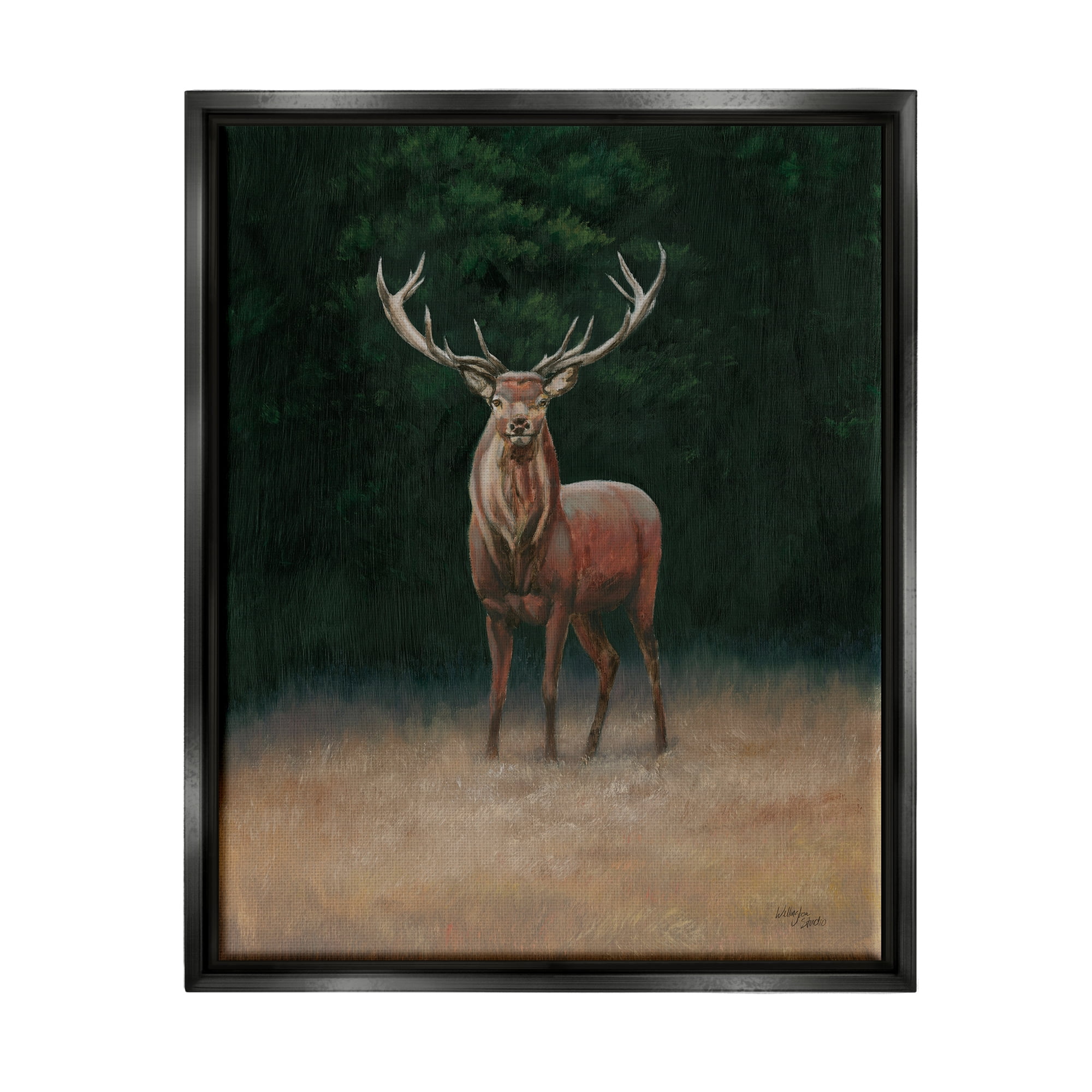 Stupell Industries Deer in Forest Clearing Animals & Insects Painting Black Floater Framed Art Print Wall Art, 25 x 31