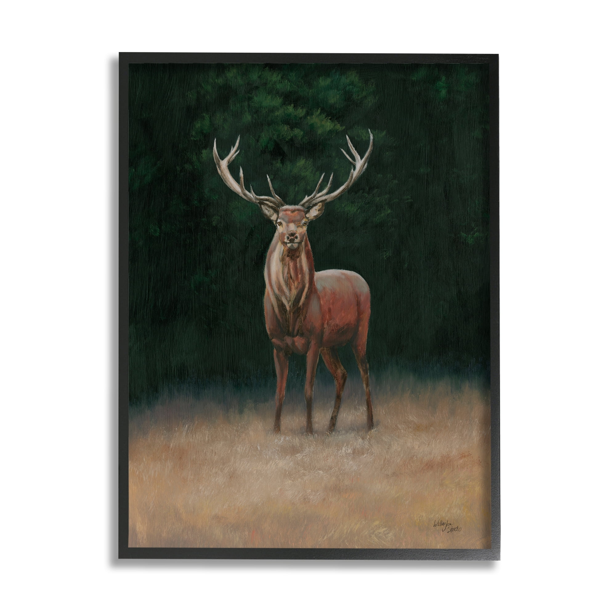 Stupell Industries Deer in Forest Clearing Animals & Insects Painting Black Framed Art Print Wall Art, 24 x 30